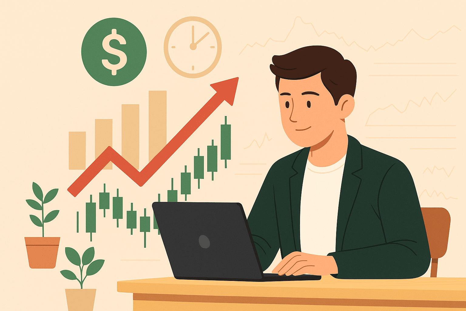Illustration du guide pour débuter en bourse en 2025, montrant un investisseur débutant apprenant les bases et utilisant des outils simples pour investir sans stress.