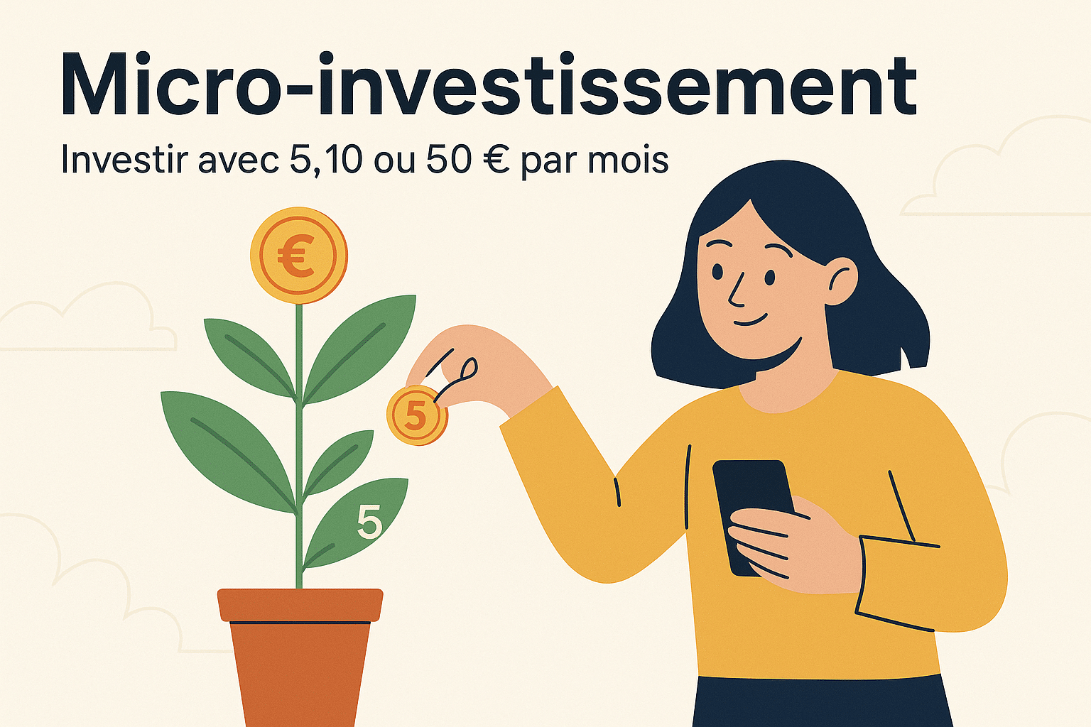 Illustration du micro-investissement en 2025, représentant une personne plaçant de petites sommes (5, 10 ou 50 €) dans un pot symbolisant la croissance progressive de son épargne.