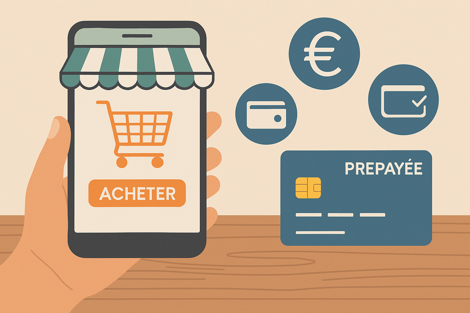 Illustration montrant un smartphone avec bouton "Acheter" et une carte prépayée, symbolisant l’achat en ligne sans carte de crédit en France