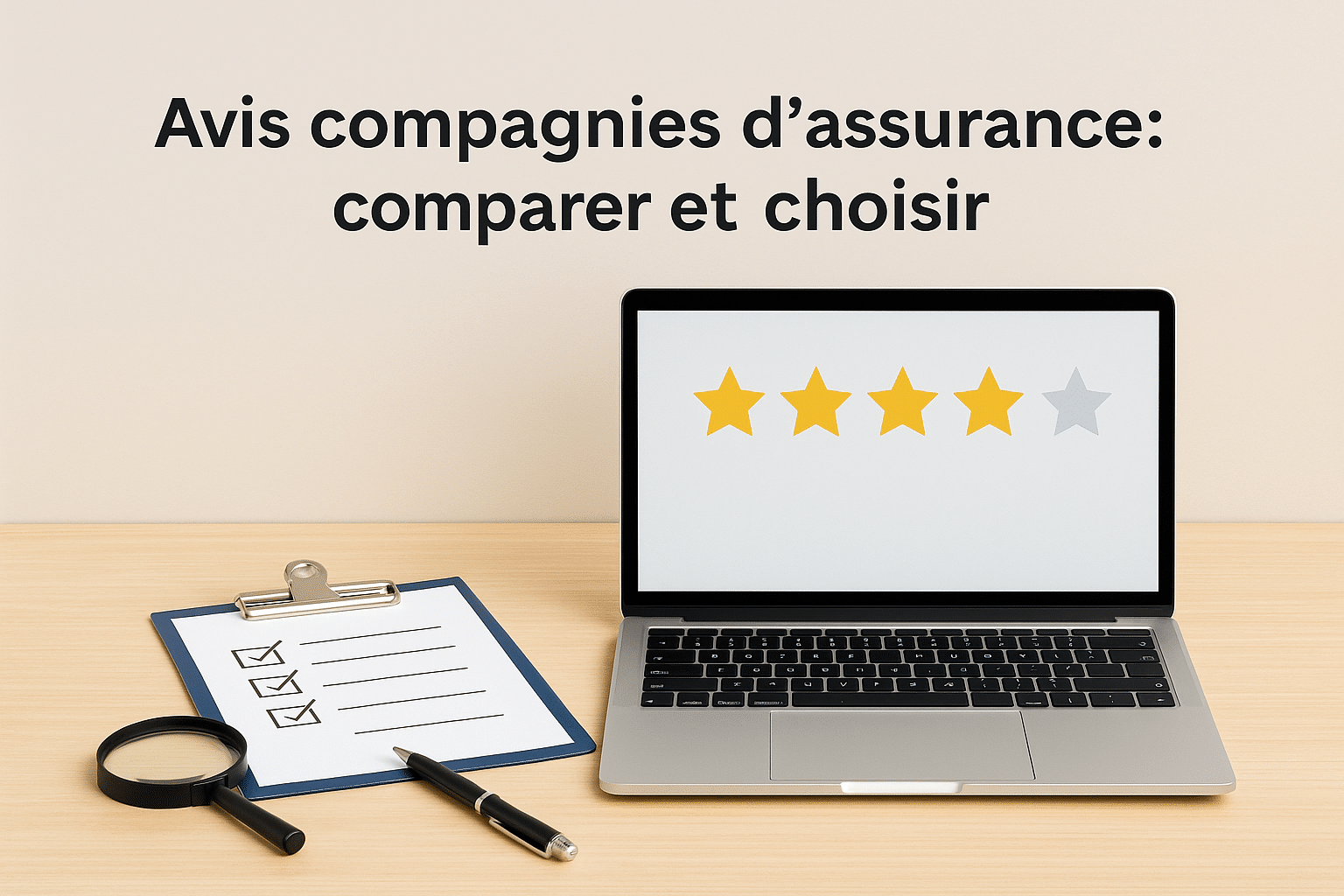 avis compagnies d’assurance avec étoiles d’évaluation sur ordinateur portable, loupe et check-list sur bureau en bois, format paysage