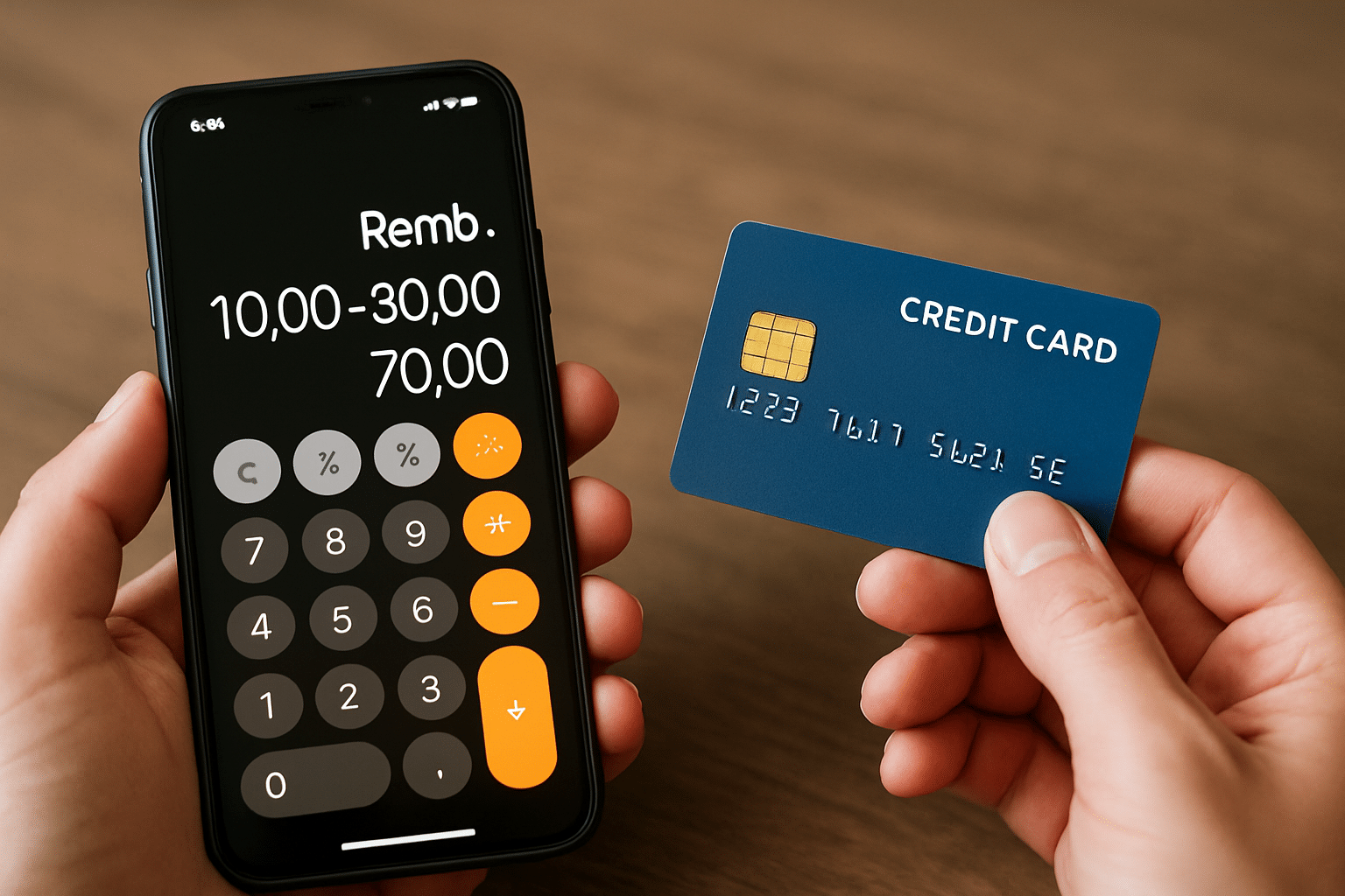 Main tenant un smartphone affichant une calculatrice de remboursement et une autre main tenant une carte de crédit bleue sur fond bois