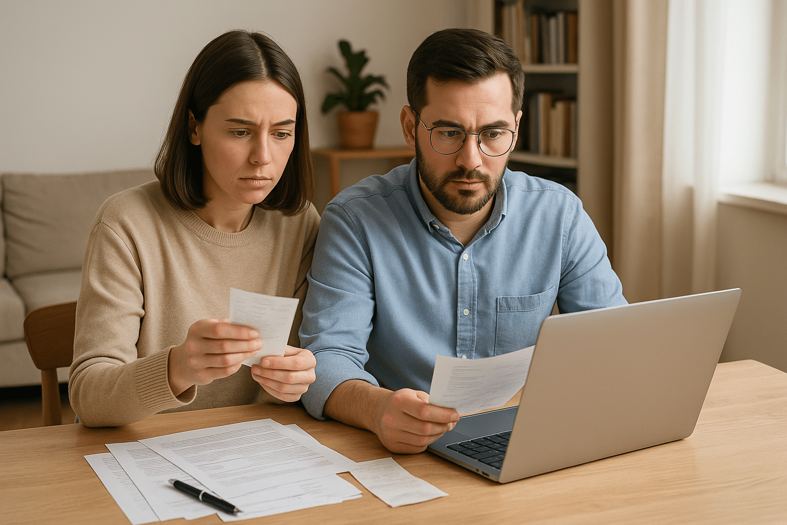 Couple français gérant leur budget à la maison devant un ordinateur et des factures