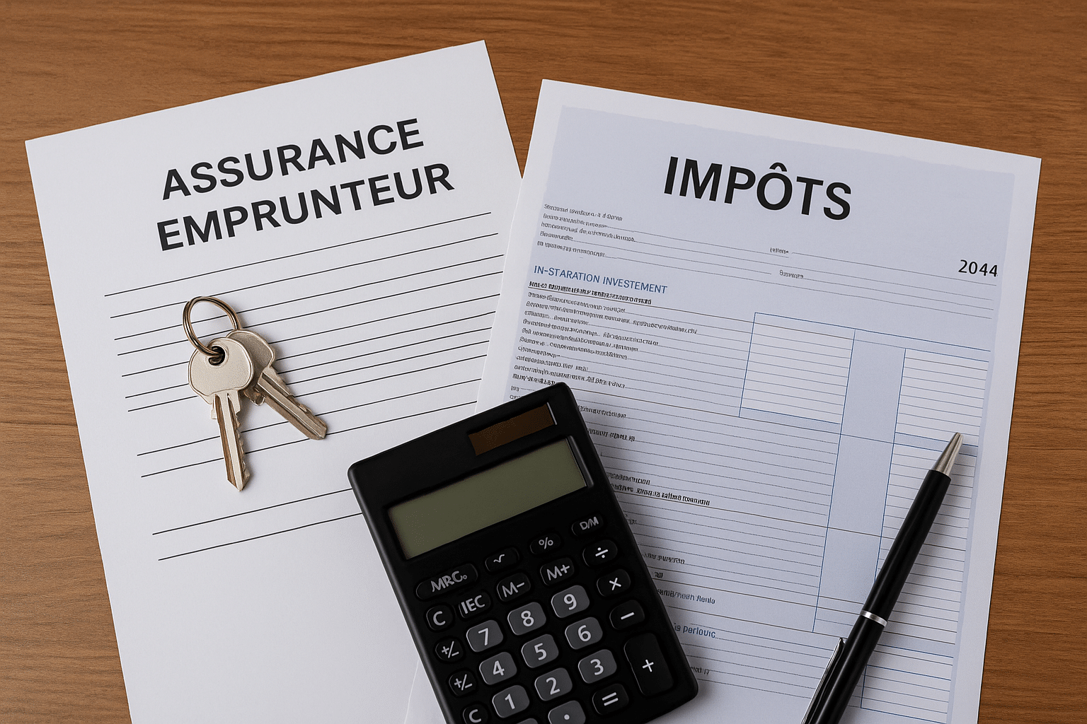 déduction fiscale assurance emprunteur avec documents de prêt immobilier, formulaire d’impôts, calculatrice, clés et stylo sur bureau en bois, format paysage