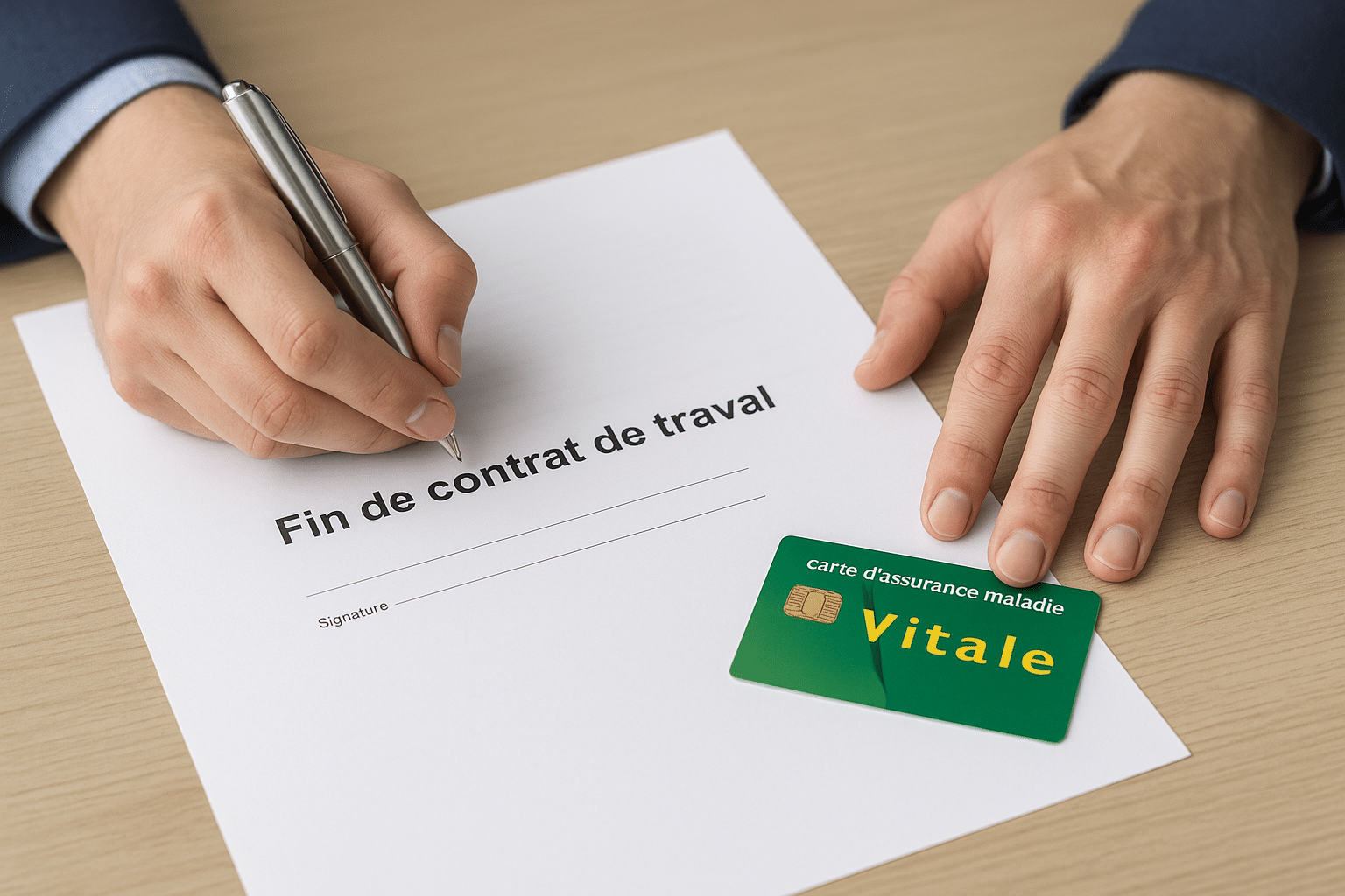 Fin de contrat de travail avec carte Vitale illustrant la durée de l’assurance santé après emploi en France