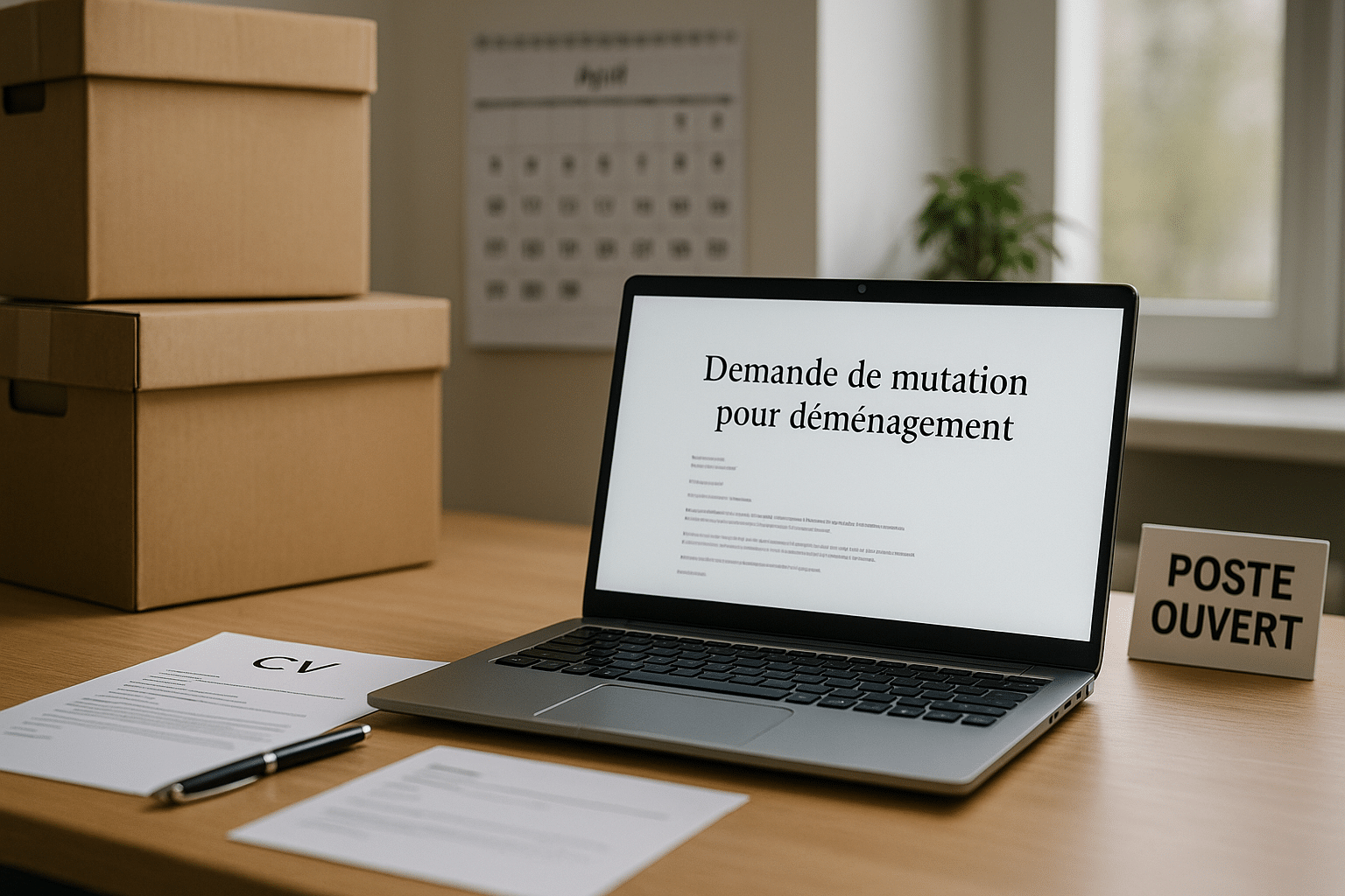 Laptop affichant une « Demande de mutation pour déménagement » sur un bureau, avec cartons de déménagement, CV et calendrier en arrière-plan