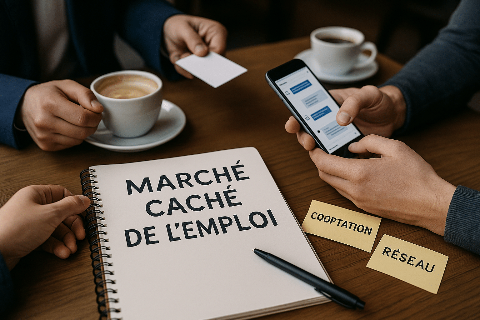 Café networking avec carnet « Marché caché de l’emploi », smartphone affichant des messages, échange de carte de visite et post-its « cooptation » et « réseau »
