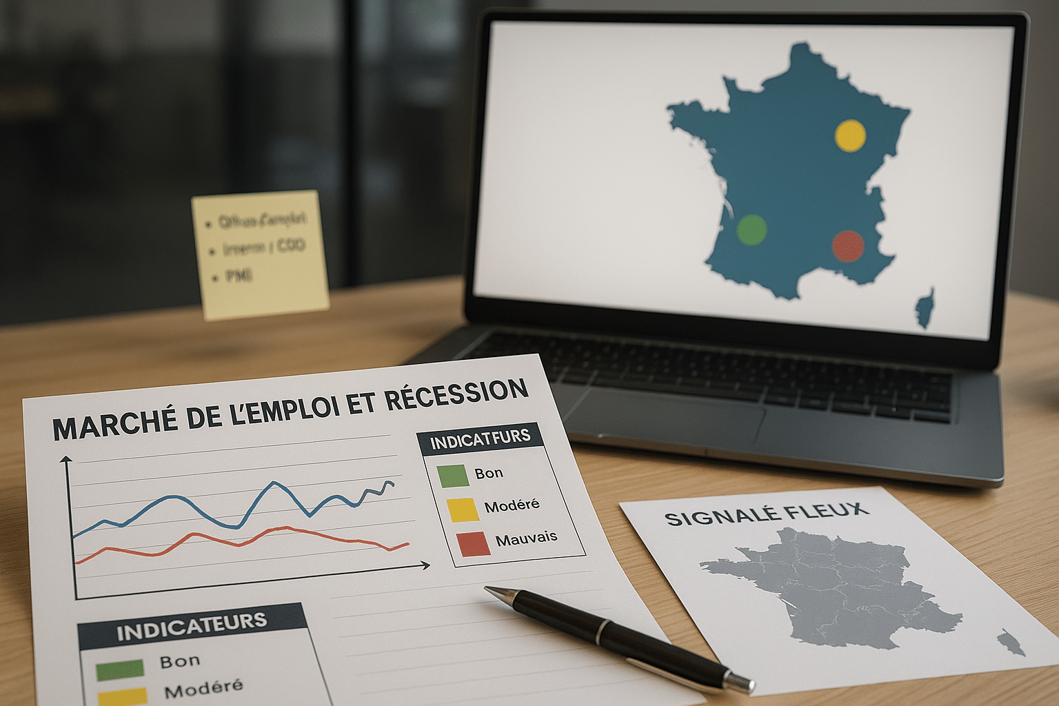 Bureau avec graphiques « marché de l’emploi et récession », carte de France sur laptop et documents d’indicateurs, ambiance professionnelle