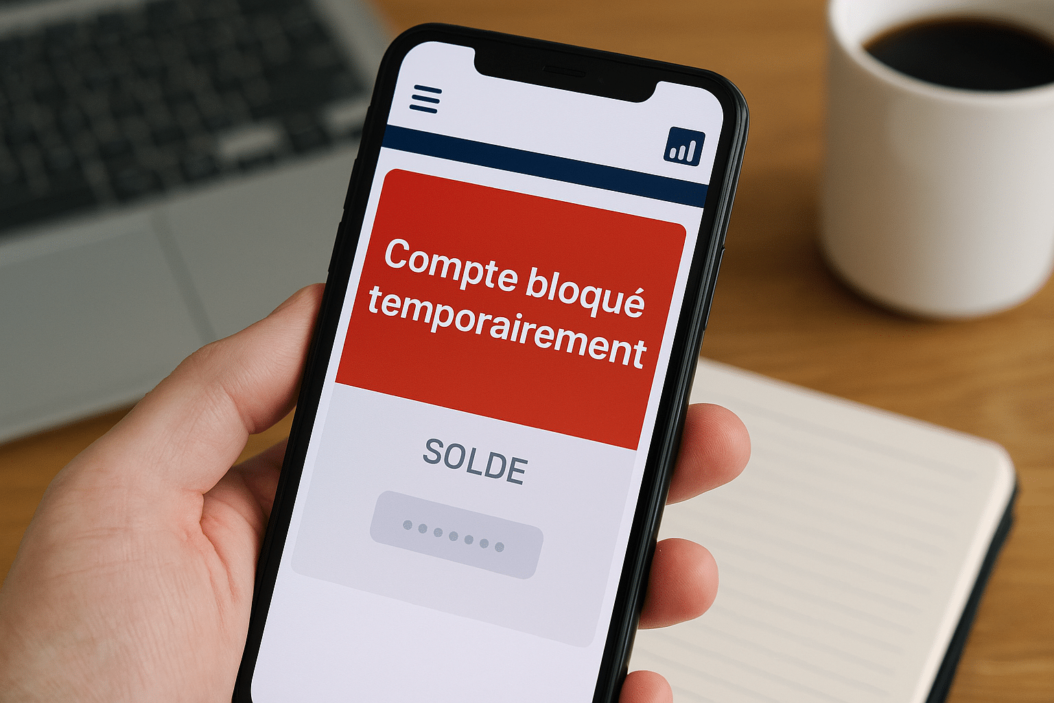 compte bancaire bloqué temporairement affiché sur l’écran d’un smartphone avec solde indisponible