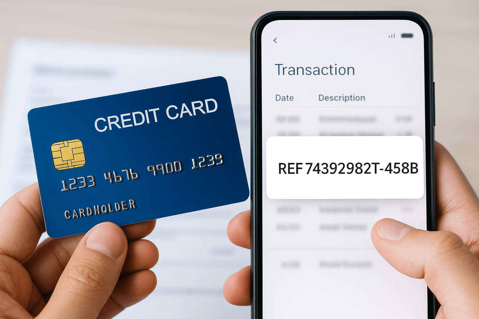 numéro de référence carte de crédit affiché sur un smartphone à côté d'une carte bancaire