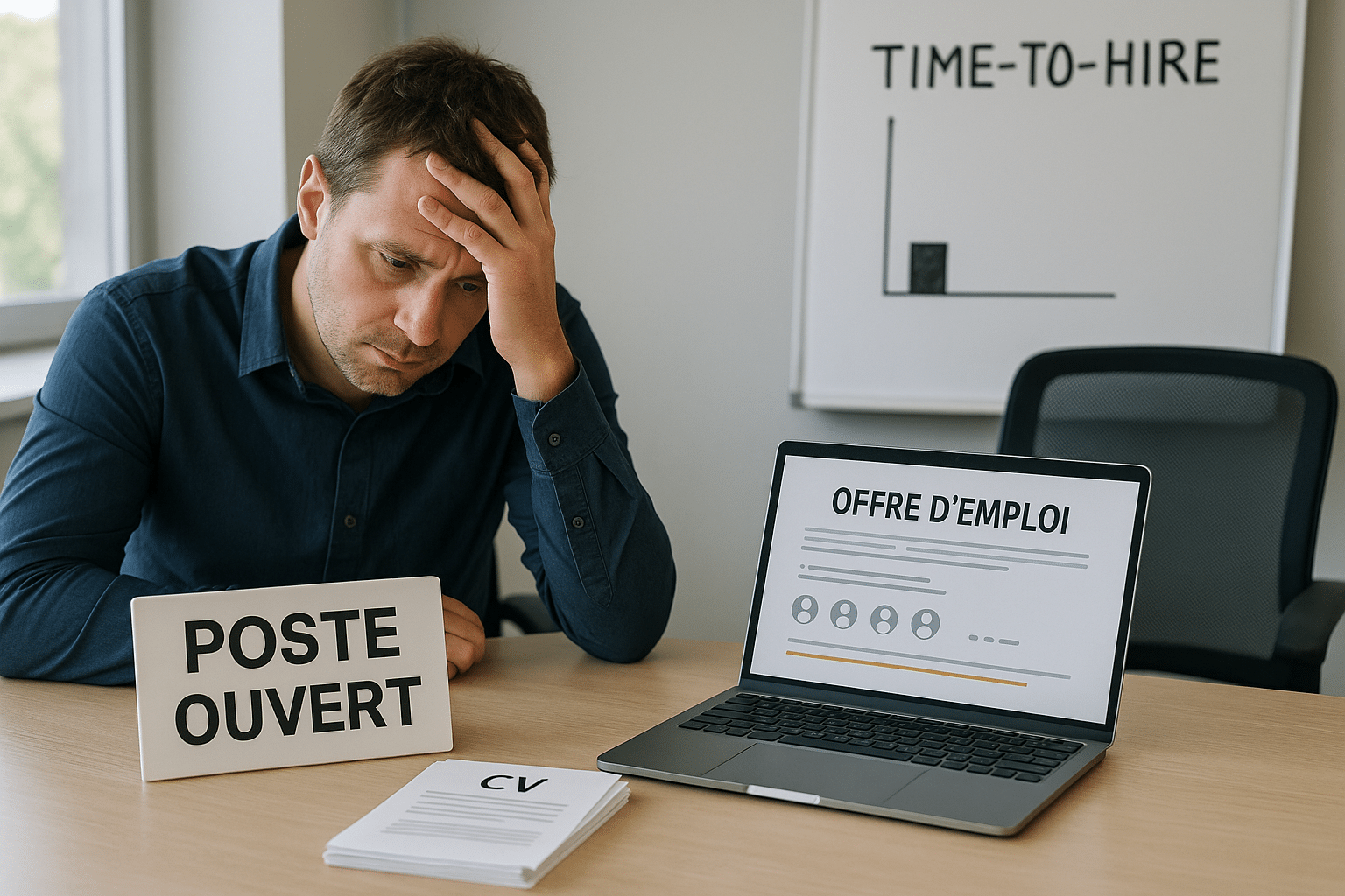 Recruteur pensif devant un laptop affichant une offre d’emploi, panneau « Poste ouvert », pile de CV et tableau
