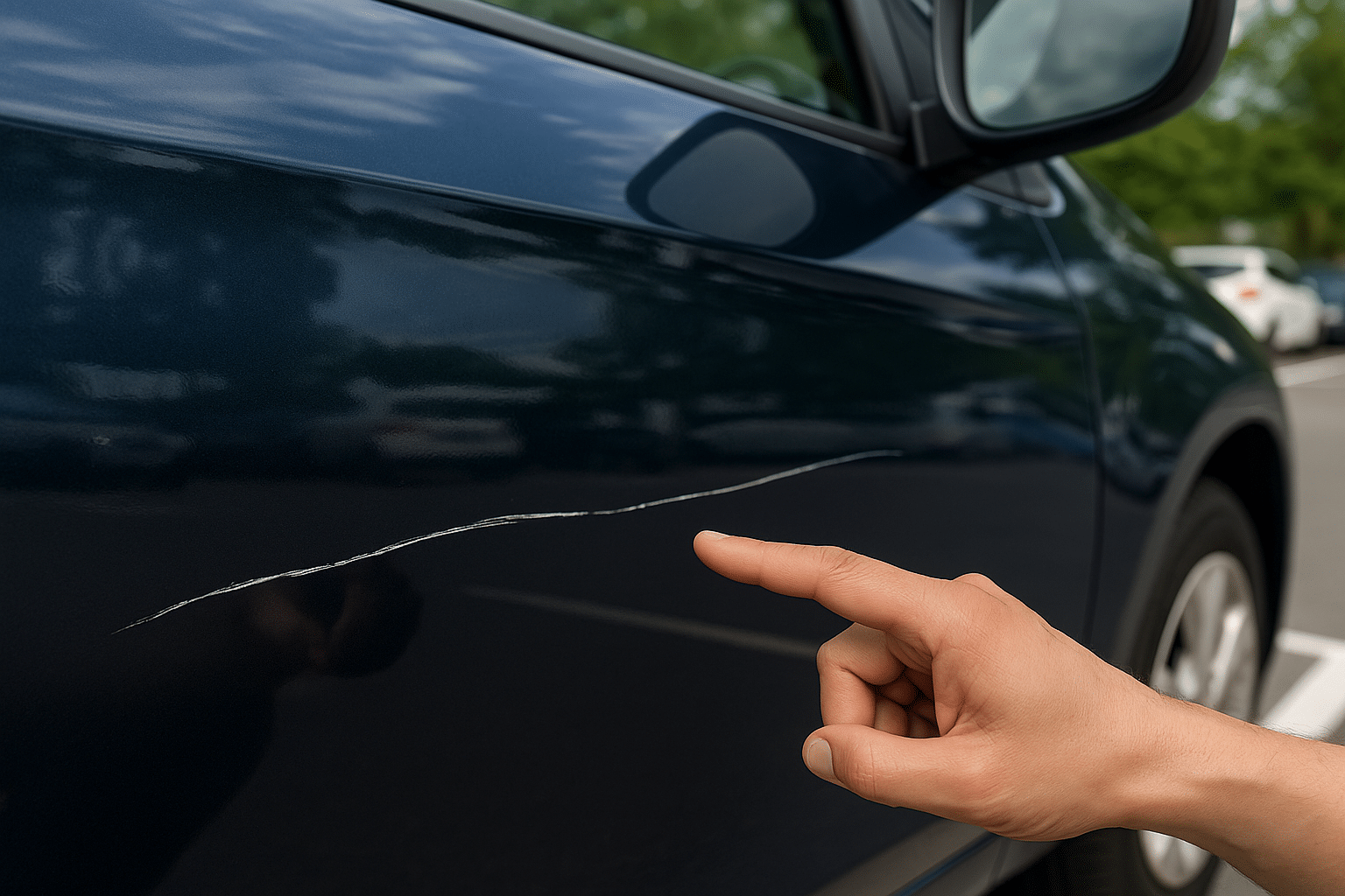 rayure voiture assurance avec gros plan sur portière abîmée et main pointant la rayure, photo paysage pour article d’assurance auto