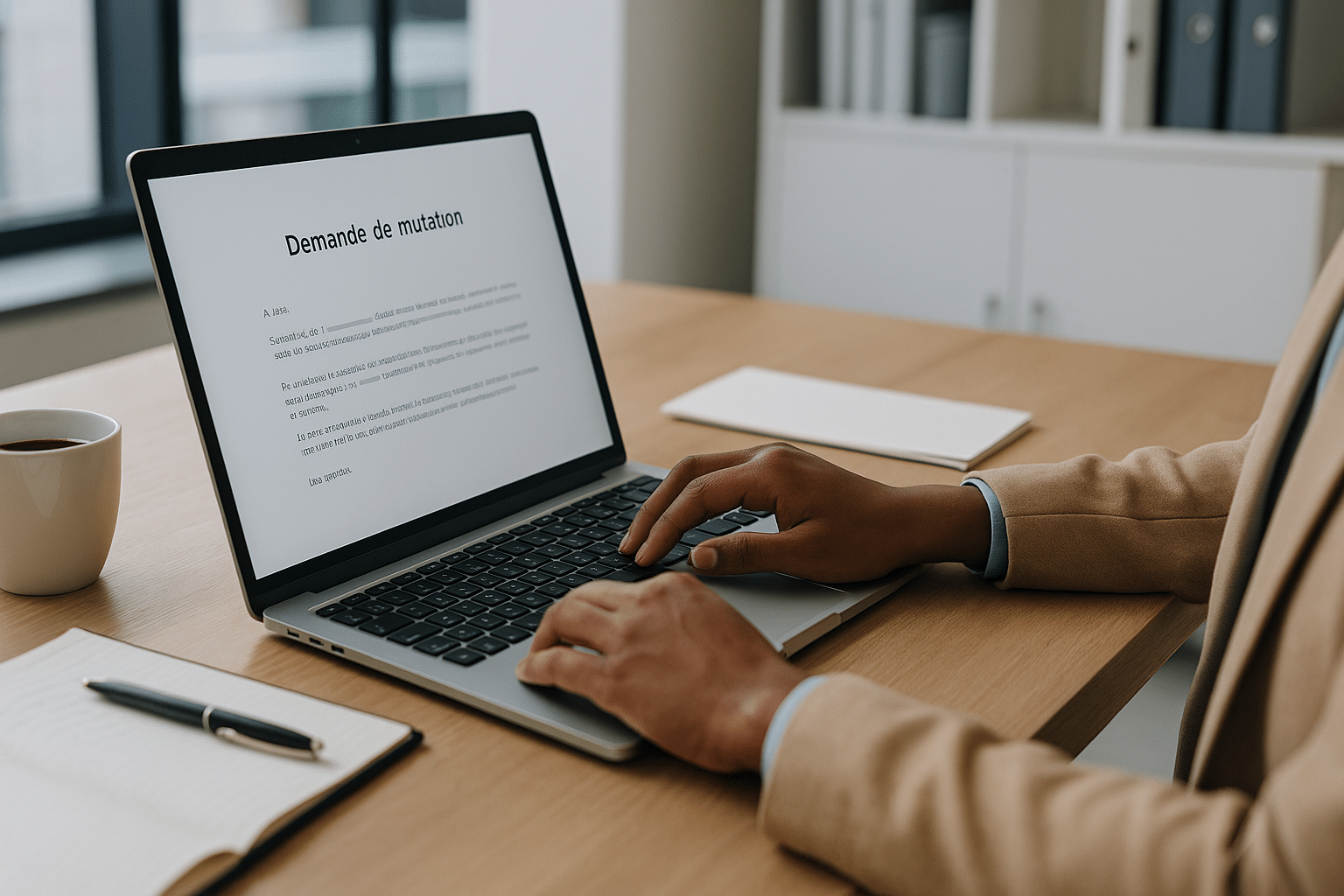Employé écrivant une lettre de demande de mutation sur un ordinateur portable dans un bureau lumineux