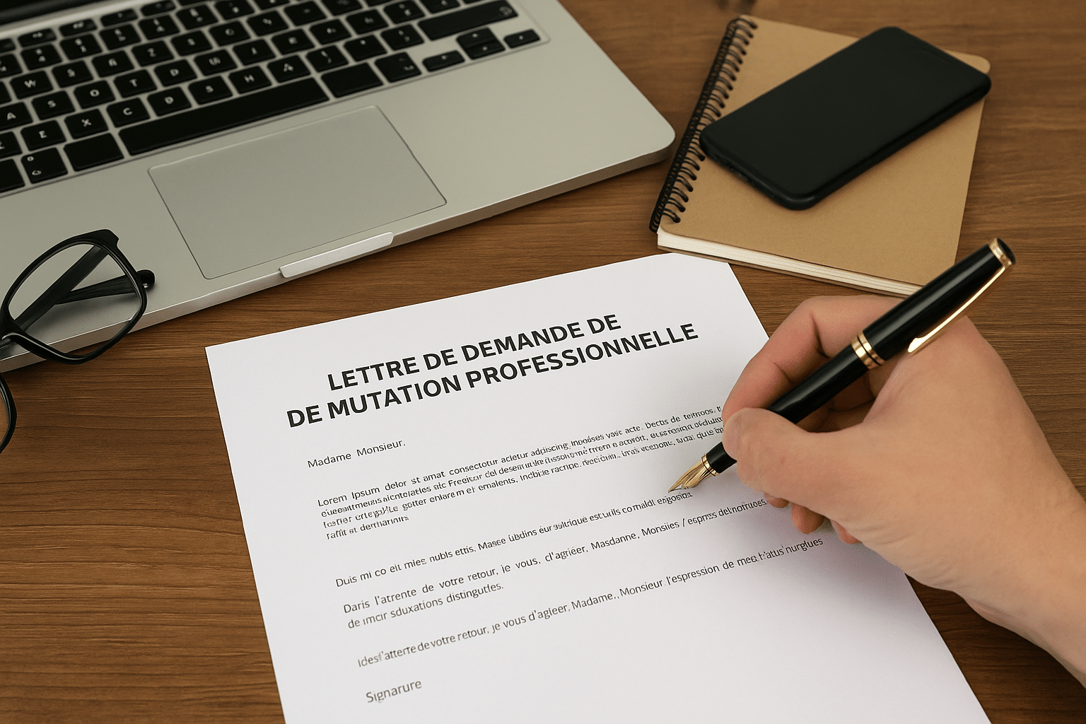 demande de mutation professionnelle rédigée à la main sur un bureau avec ordinateur portable, carnet et tasse de café