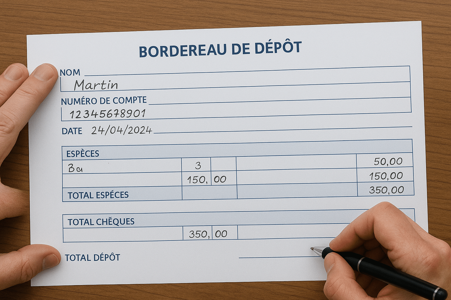 remplir un bordereau de dépôt avec espèces et chèques sur un comptoir en bois