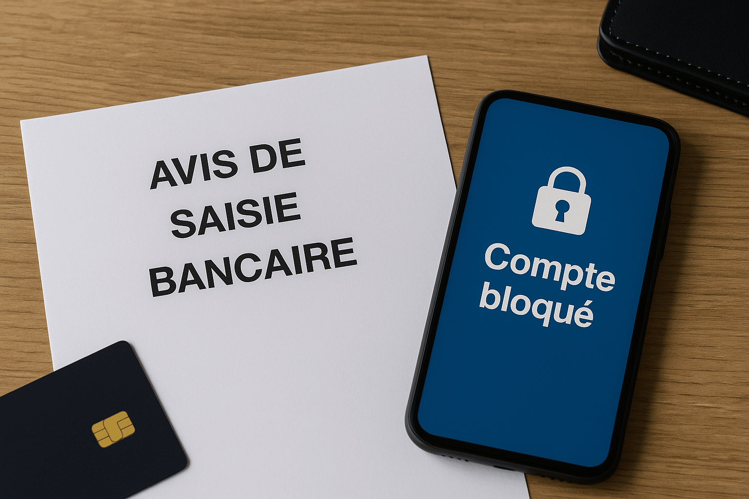 saisie sur compte bancaire avec avis de saisie et smartphone indiquant « compte bloqué » posé sur un bureau en bois