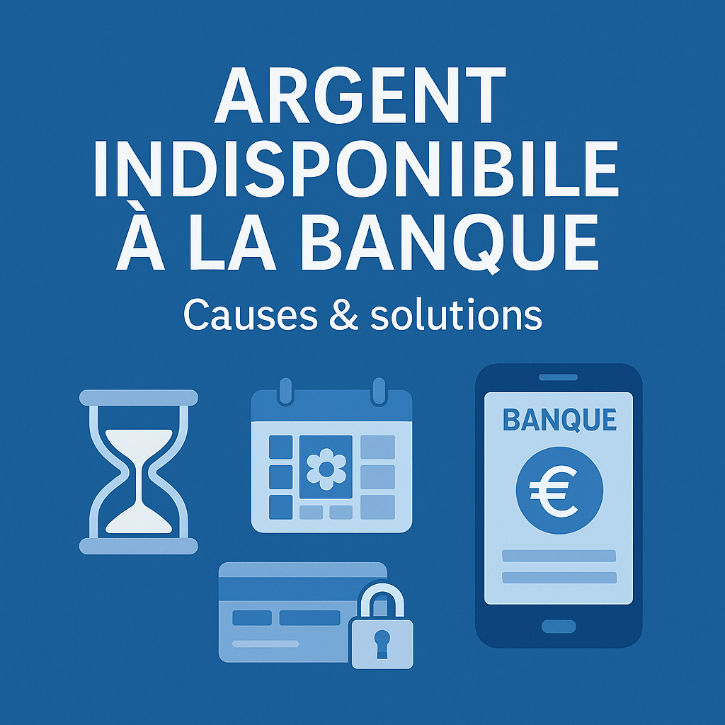 argent indisponible à la banque – causes et solutions (icônes délai, calendrier, carte, appli)