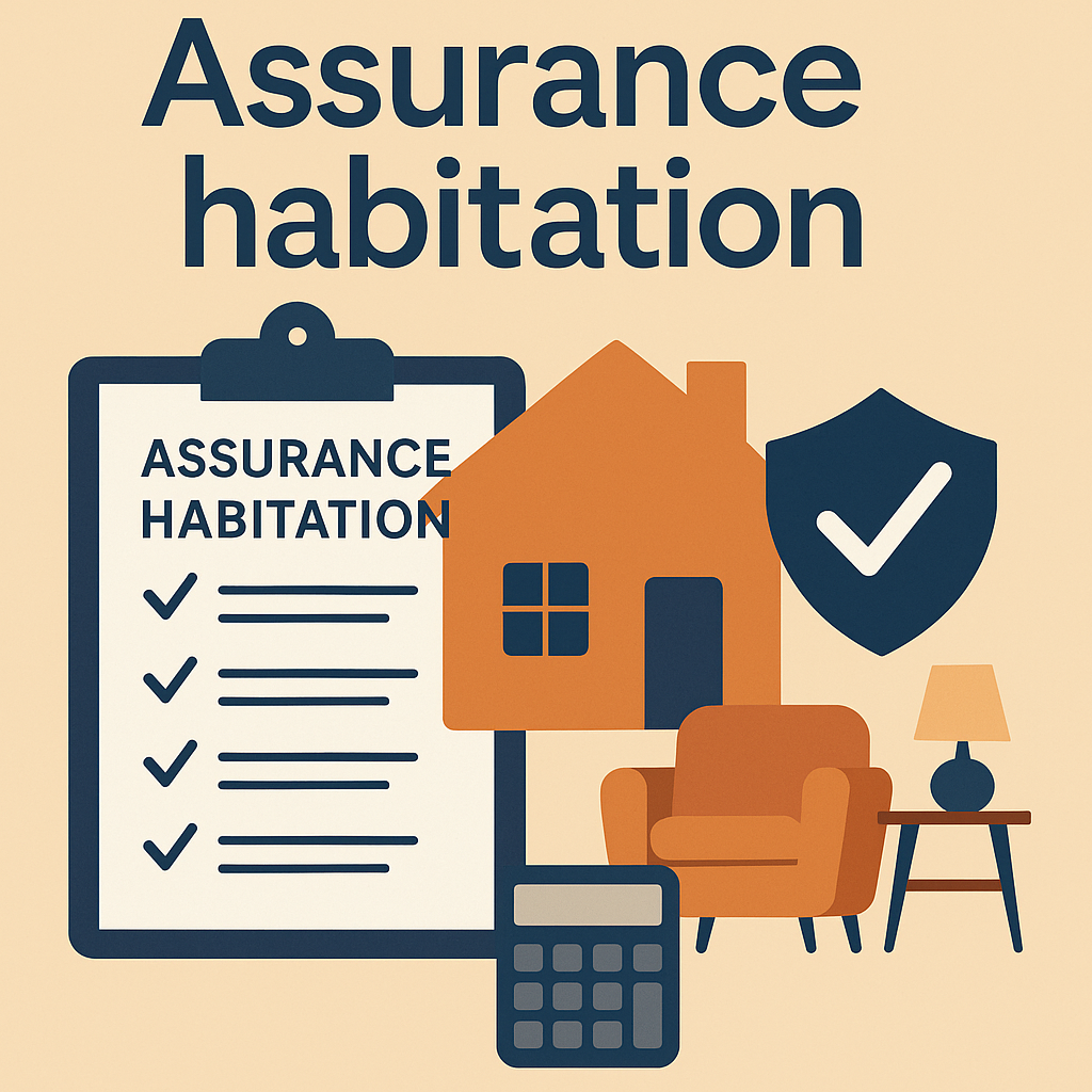 Illustration assurance habitation avec maison, checklist et mobilier, garanties 2025