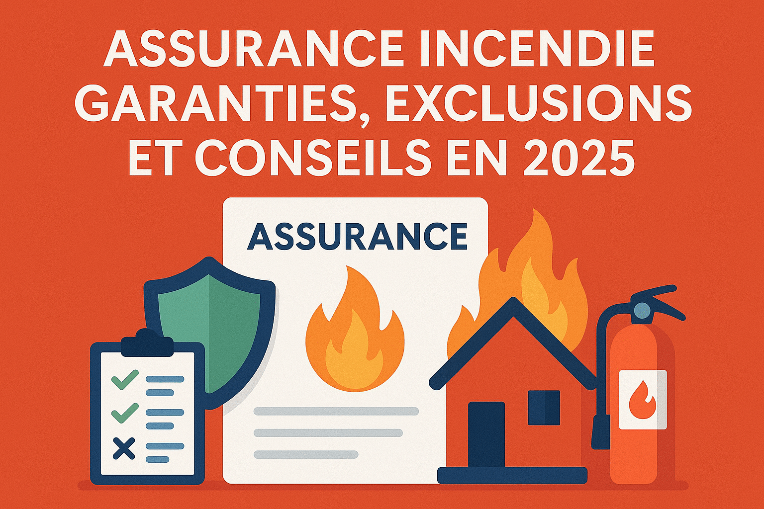 Illustration assurance incendie 2025 avec maison en flammes, contrat, et éléments de couverture en France