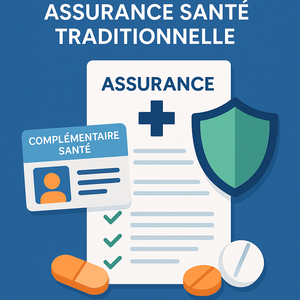 Illustration de l’assurance santé traditionnelle en France avec carte de mutuelle, contrat et protection santé