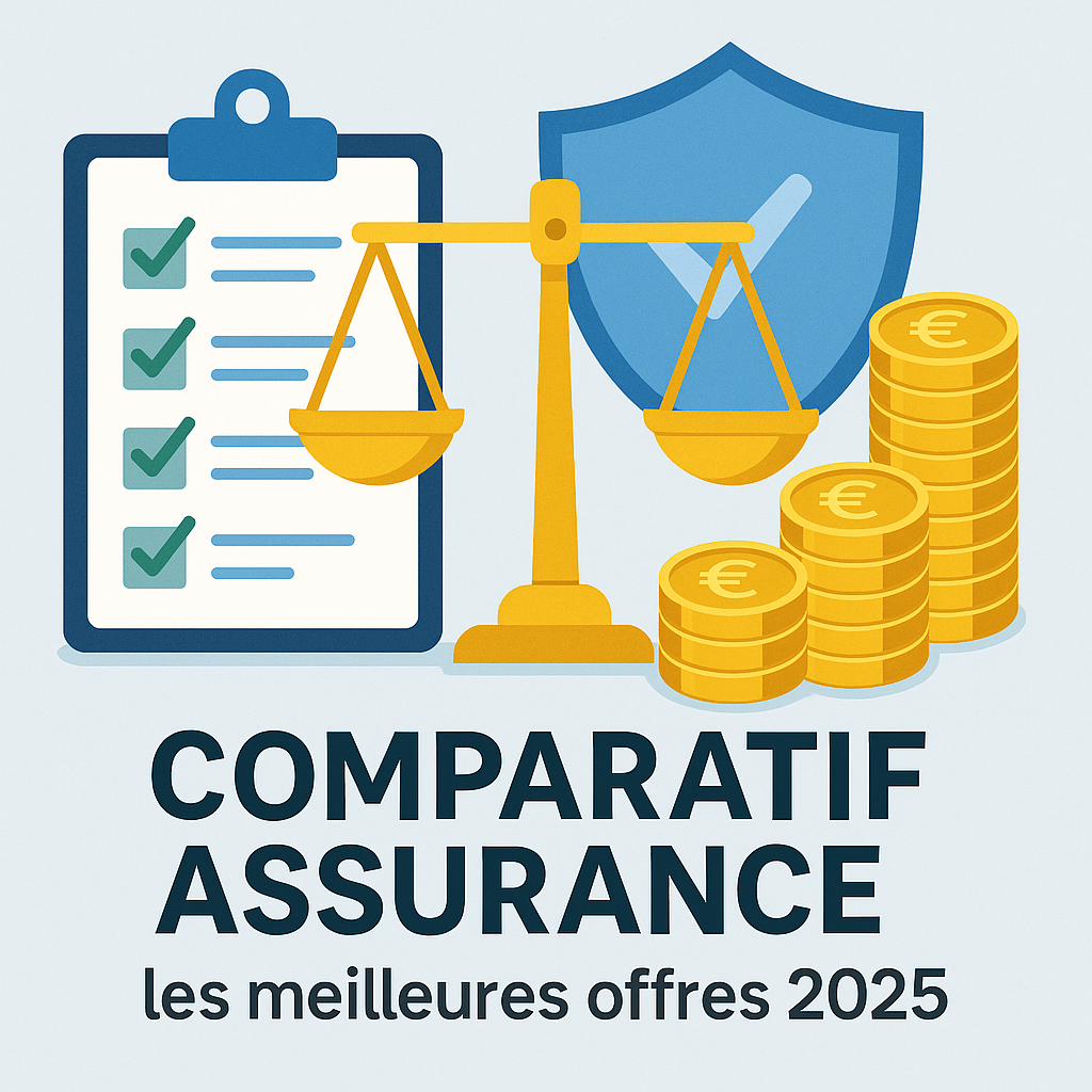 Illustration d’un comparatif d’assurances avec balance, checklist et pièces en euros – meilleures offres 2025