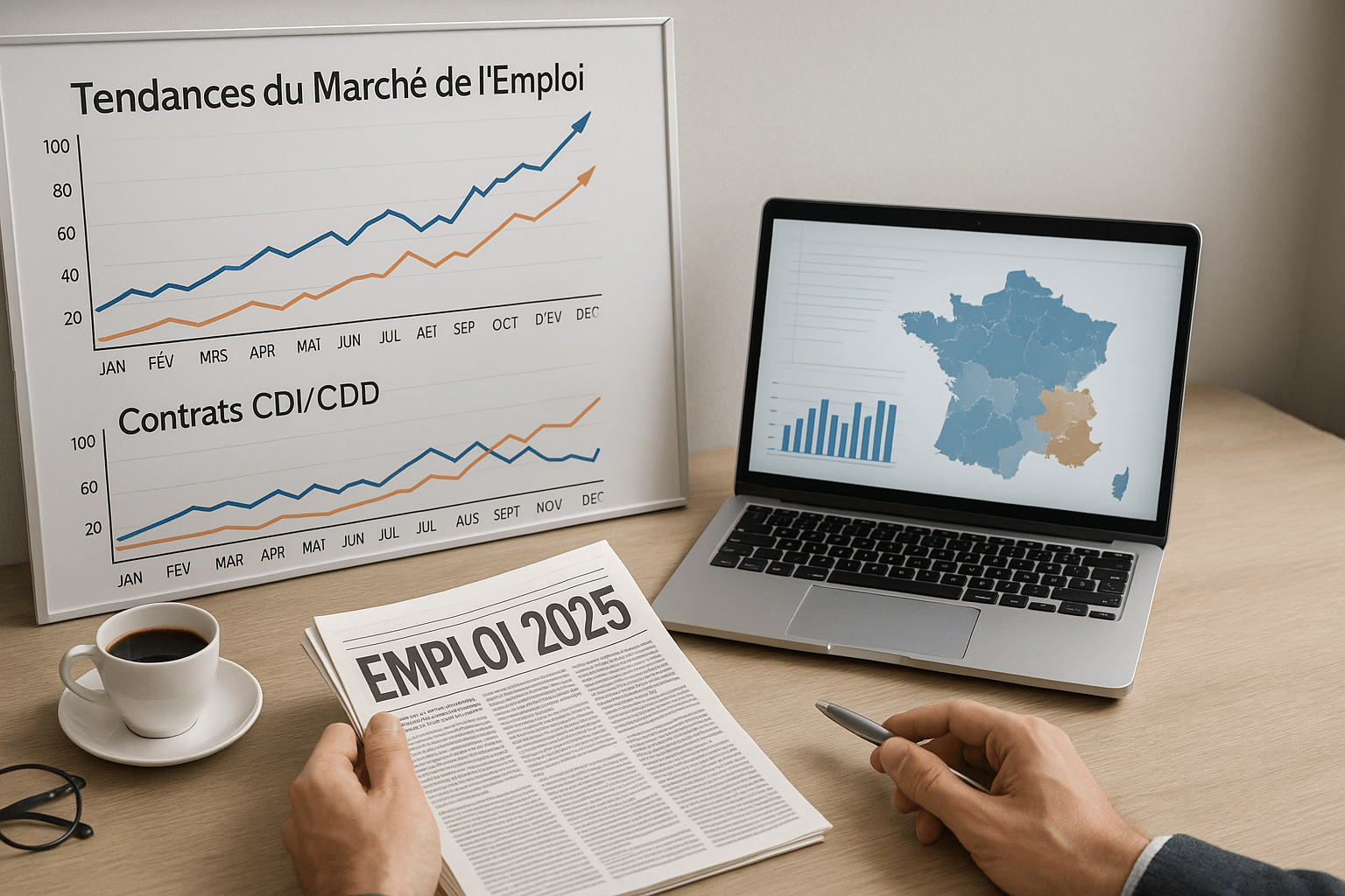 Bureau avec graphiques des tendances du marché de l’emploi 2025, ordinateur affichant une carte de France,