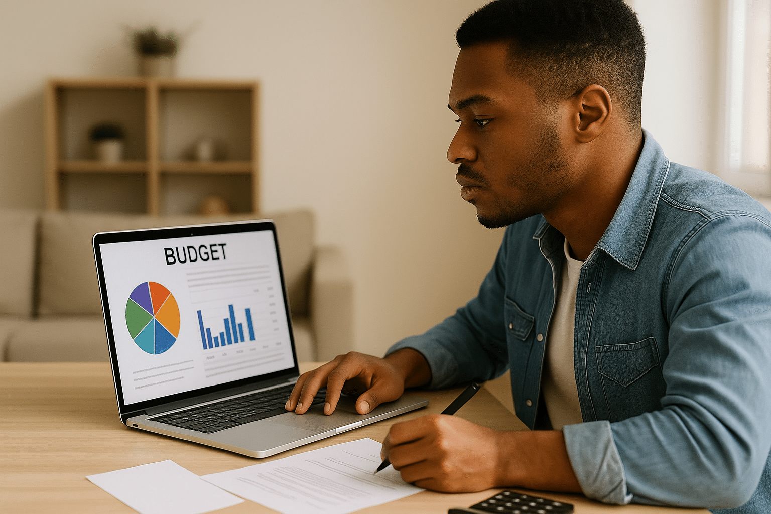 Homme concentré utilisant un logiciel de budget sur ordinateur portable avec graphiques financiers et rapports de dépenses.