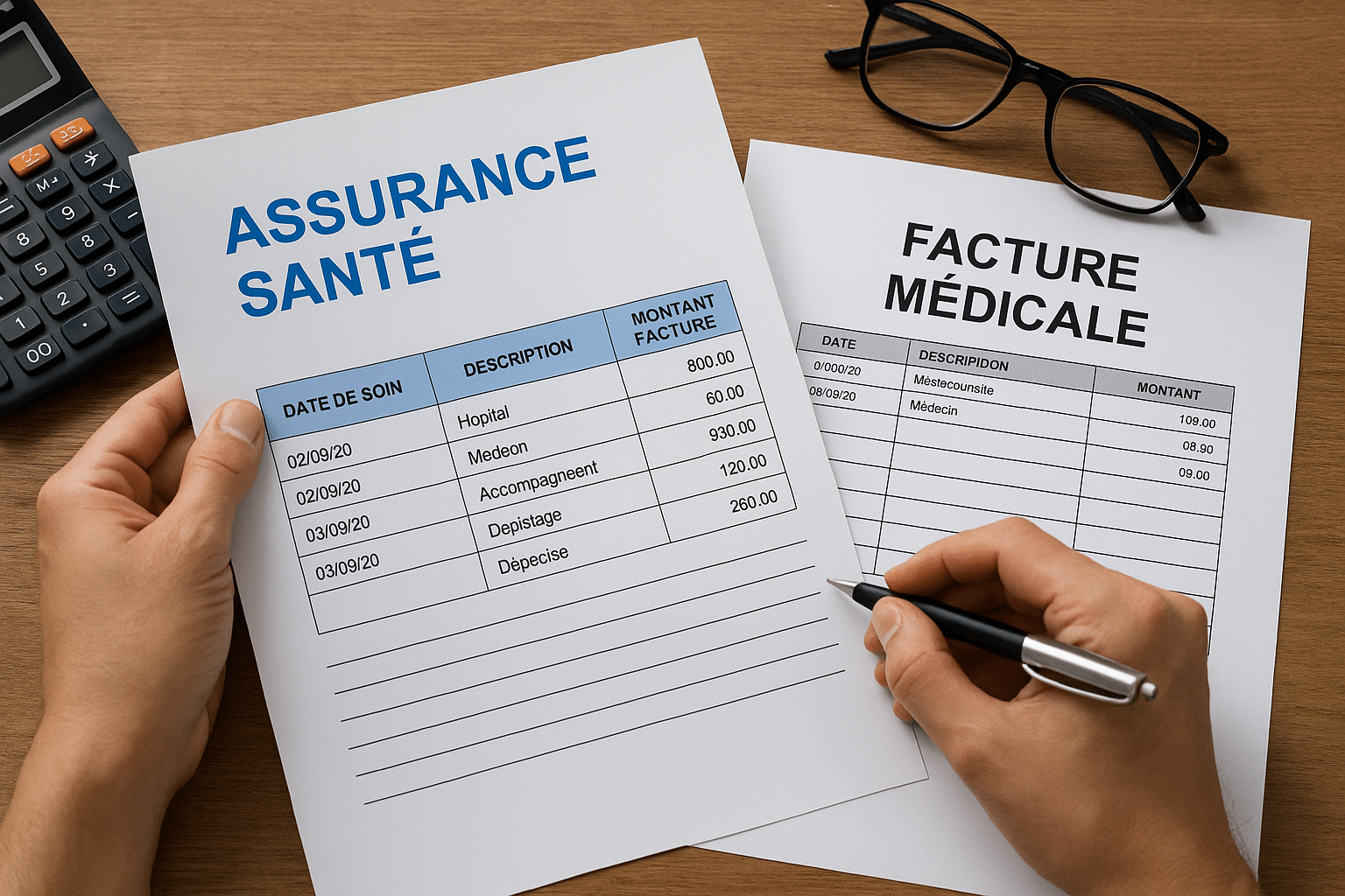 Facture médicale et relevé d’assurance santé en français examinés sur un bureau