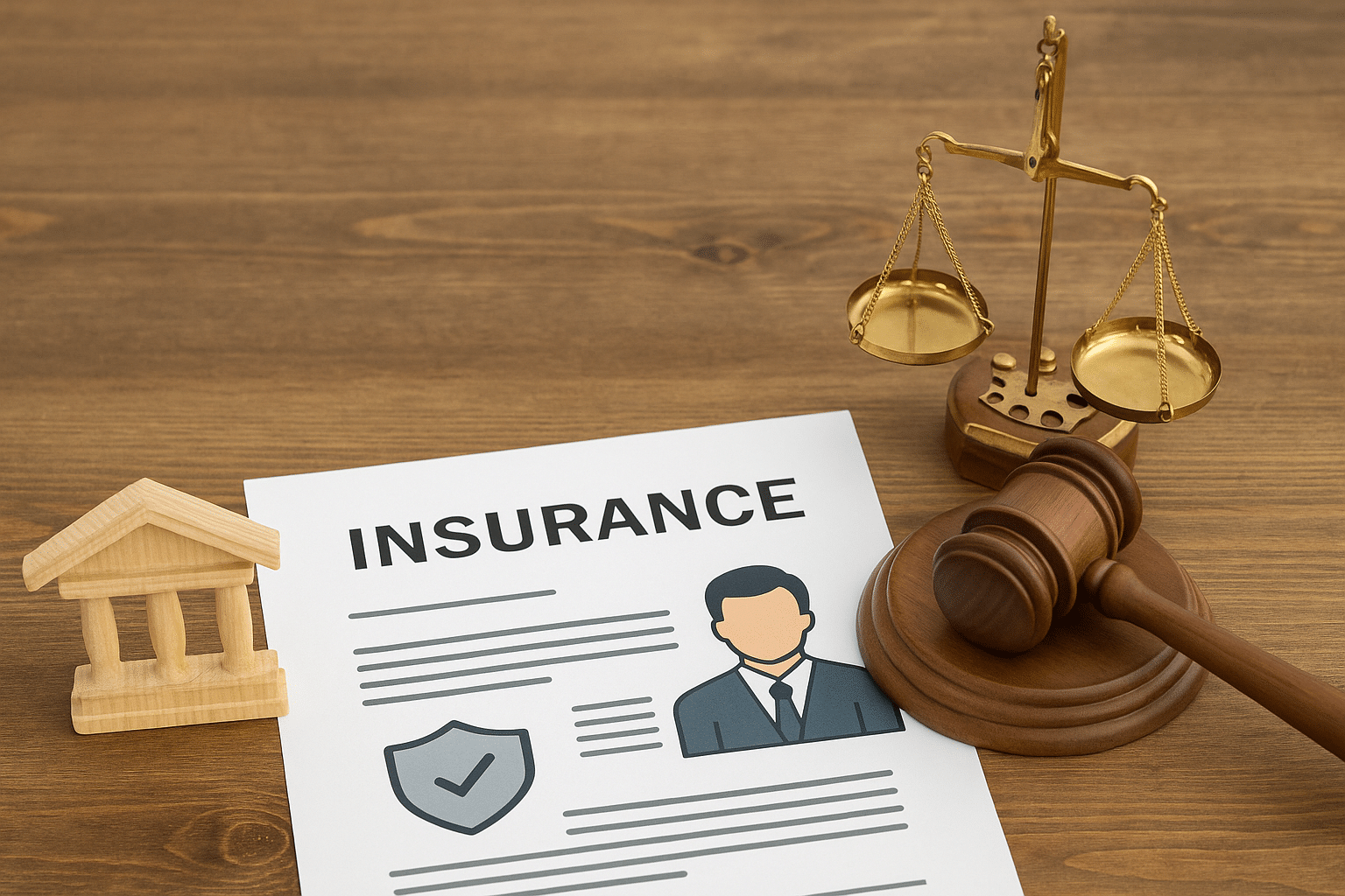 Document d’assurance, marteau de juge et balance symbolisant l’assurance responsabilité civile générale