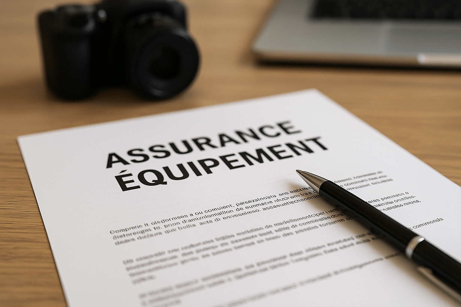Document d’assurance équipement en français avec stylo et ordinateur portable en arrière-plan