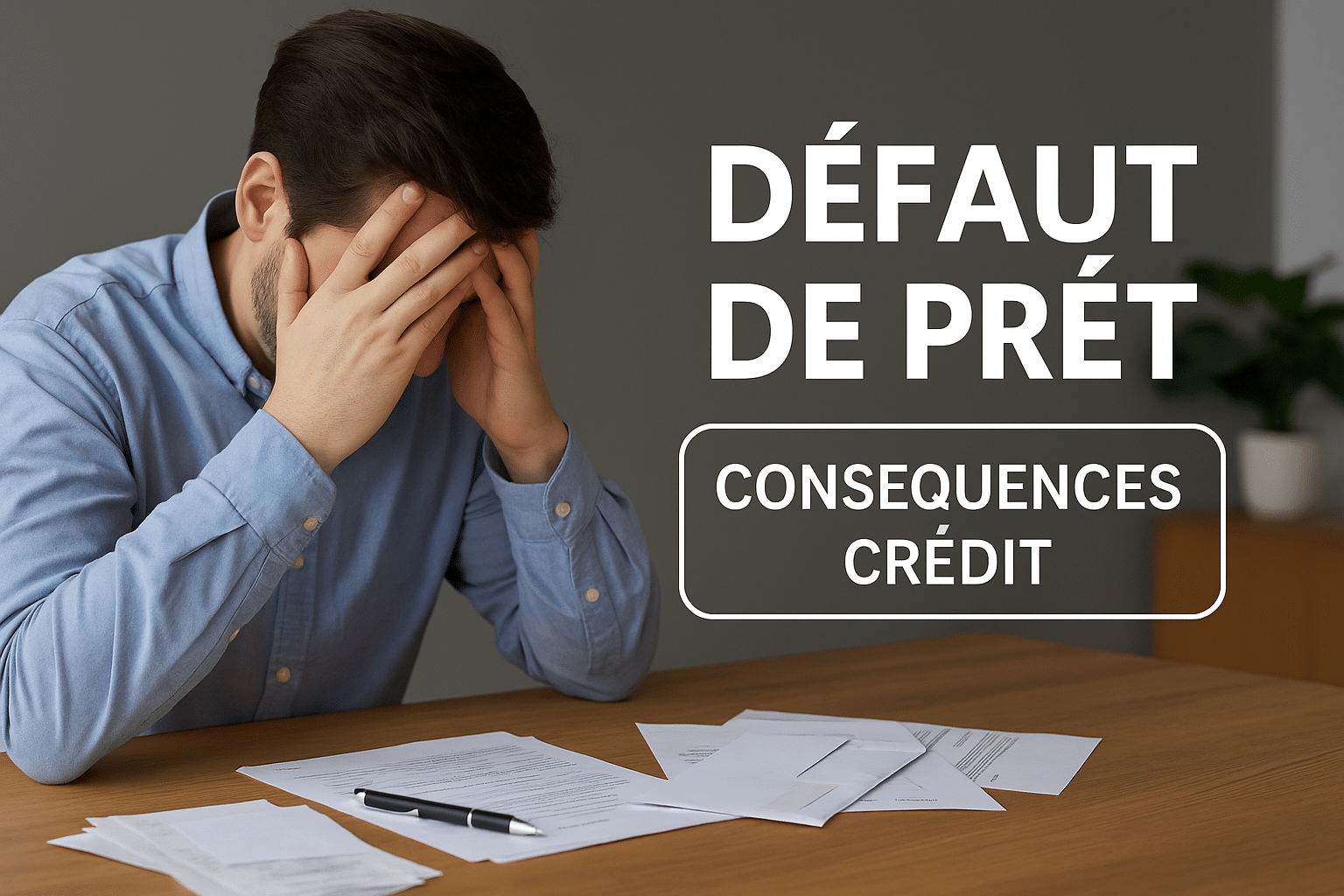 n homme inquiet face à des documents financiers illustrant un défaut de prêt et ses conséquences sur le crédit