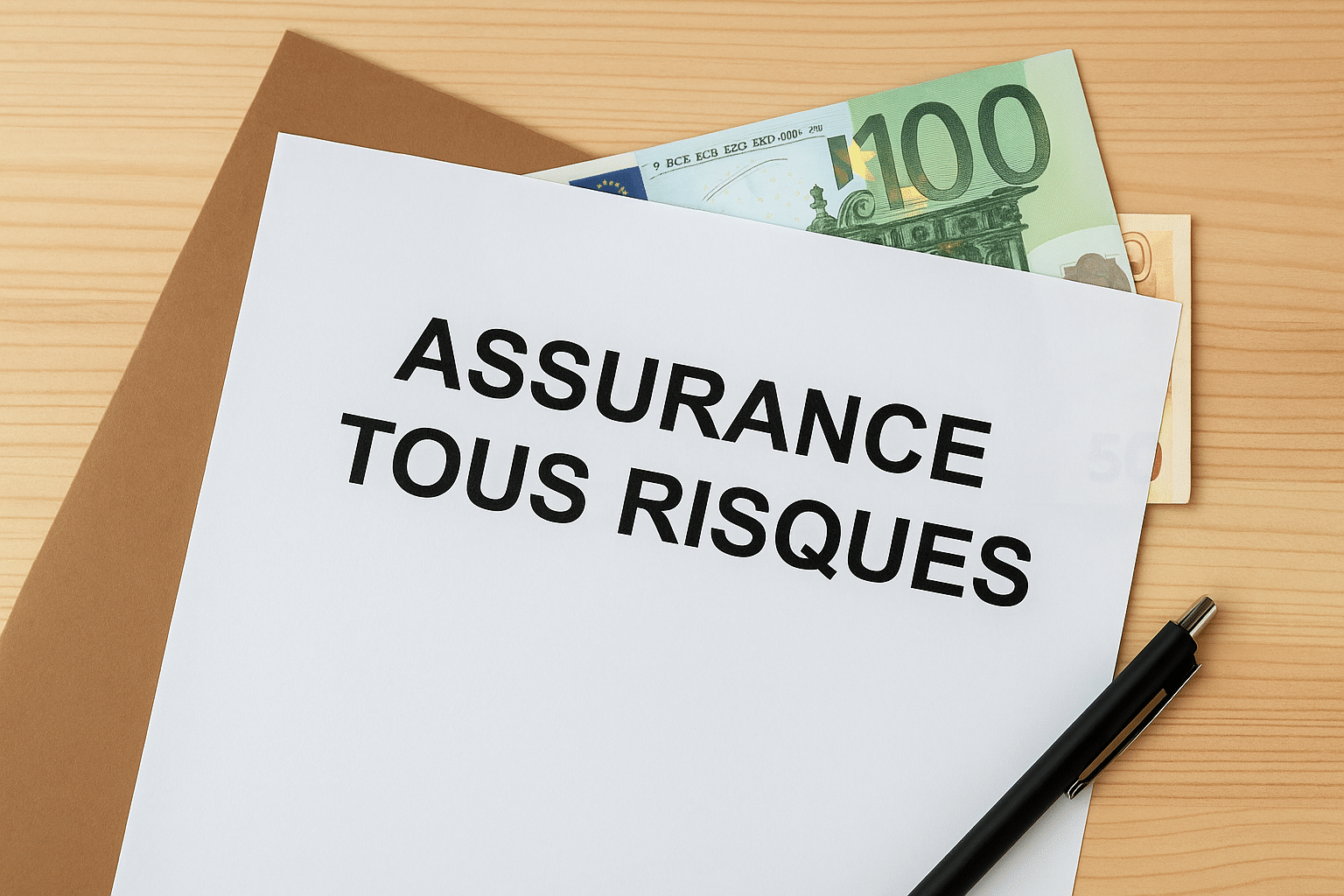 Contrat d’assurance tous risques avec billets en euros sur un bureau