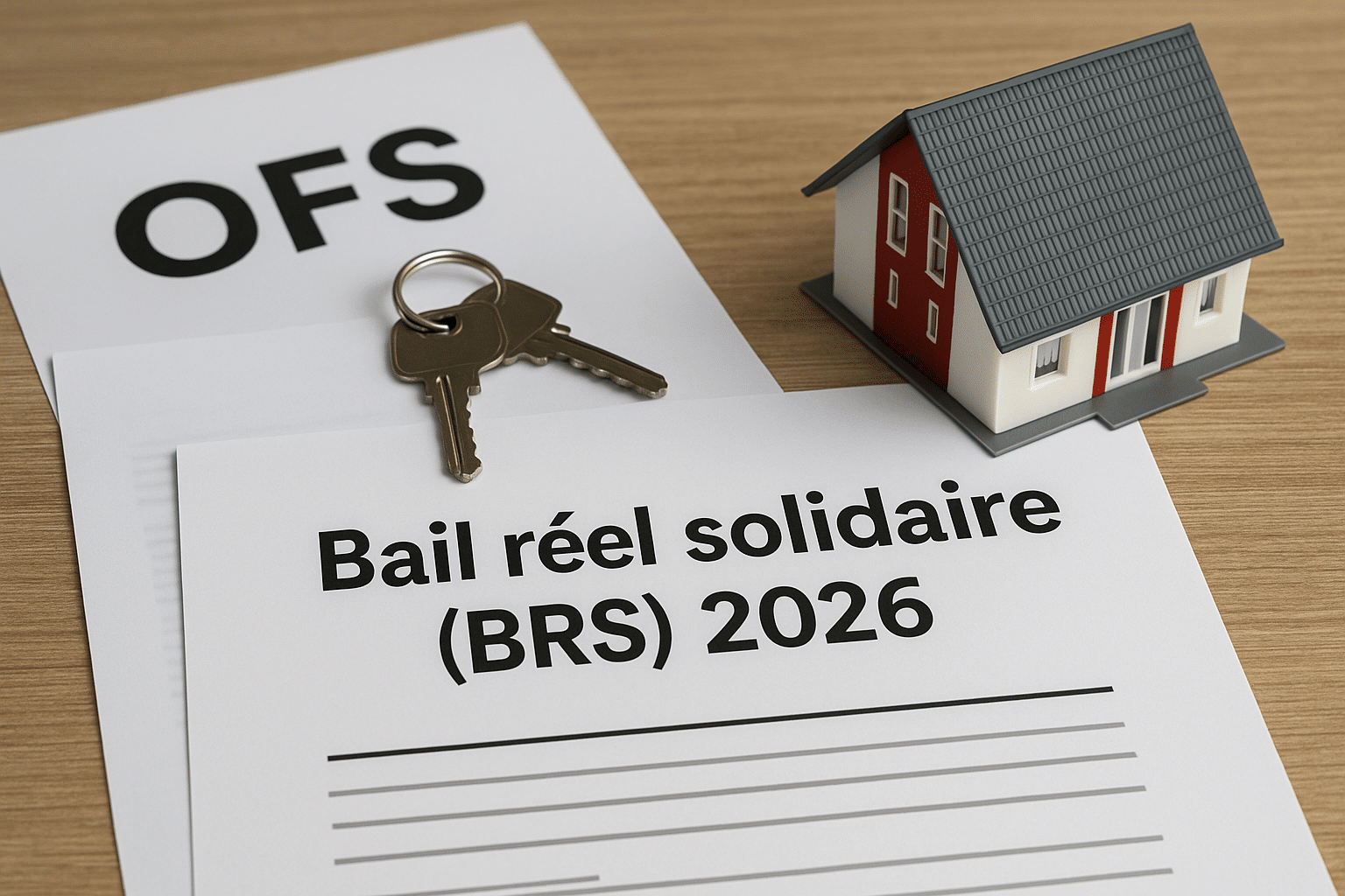 “Bail réel solidaire (BRS) 2026” posé sur un bureau avec clés, dossier « OFS » et maquette de maison, format paysage