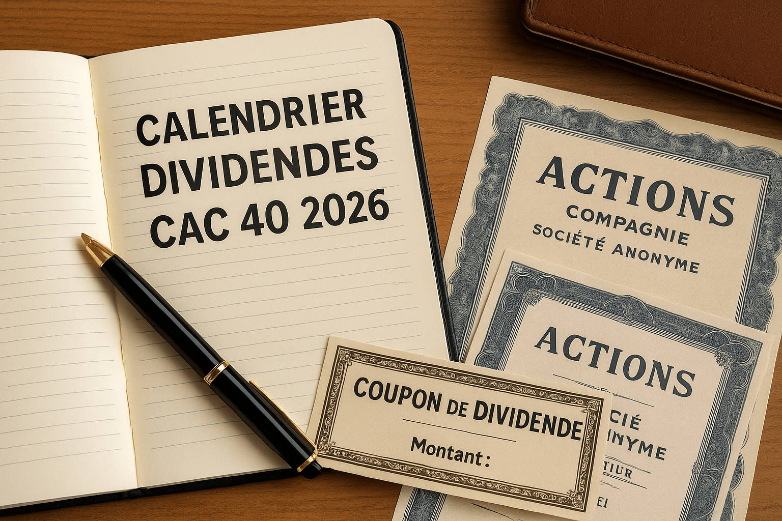 agenda ouvert “Calendrier dividendes CAC 40 2026” avec stylo, coupon de dividende et certificats d’actions sur un bureau, format paysage