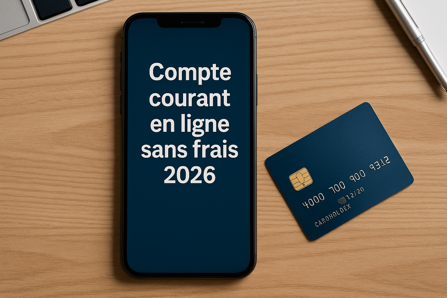 smartphone affichant “Compte courant en ligne sans frais 2026” à côté d’une carte bancaire sur un bureau, photo au format paysage