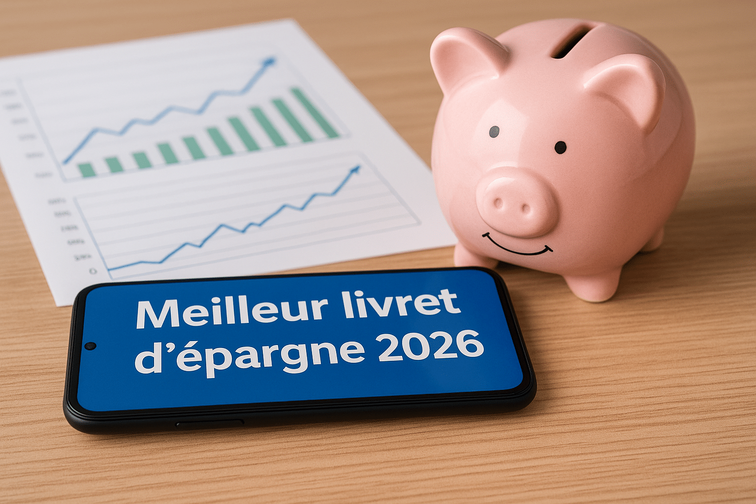 meilleur livret d’épargne 2026 affiché sur un smartphone posé près d’une tirelire et de graphiques sur un bureau, format paysage