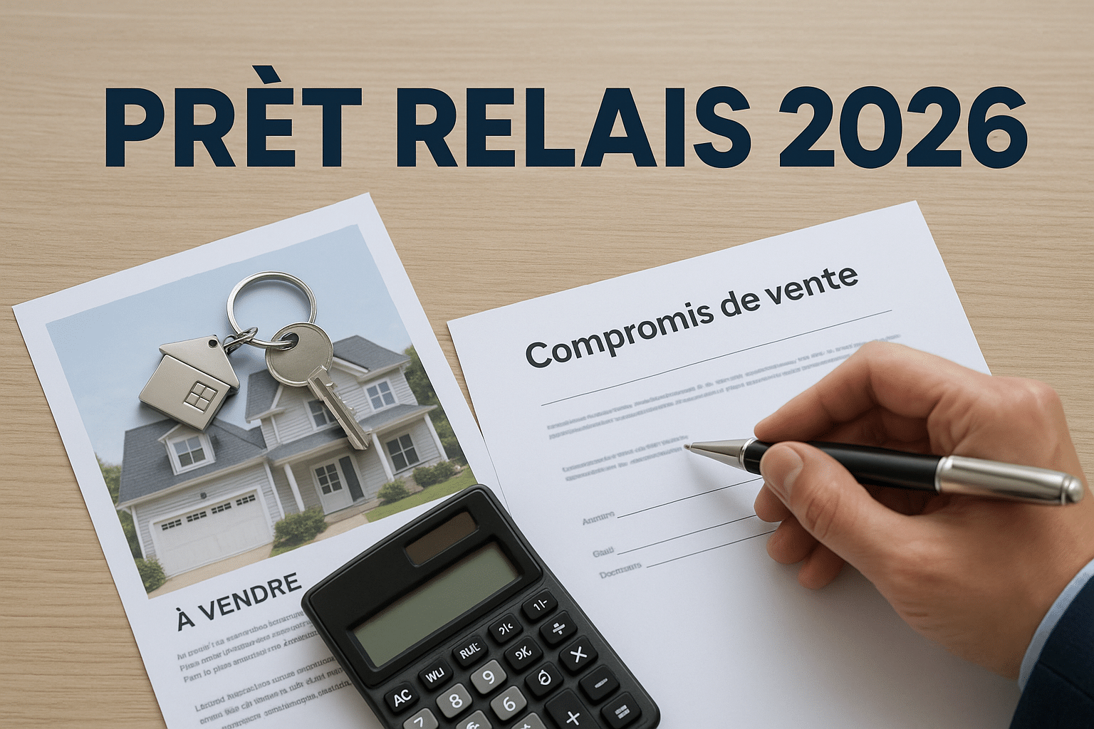 prêt relais 2026, signature d’un compromis de vente avec clés de maison, annonce “à vendre” et calculatrice sur bureau, format paysage