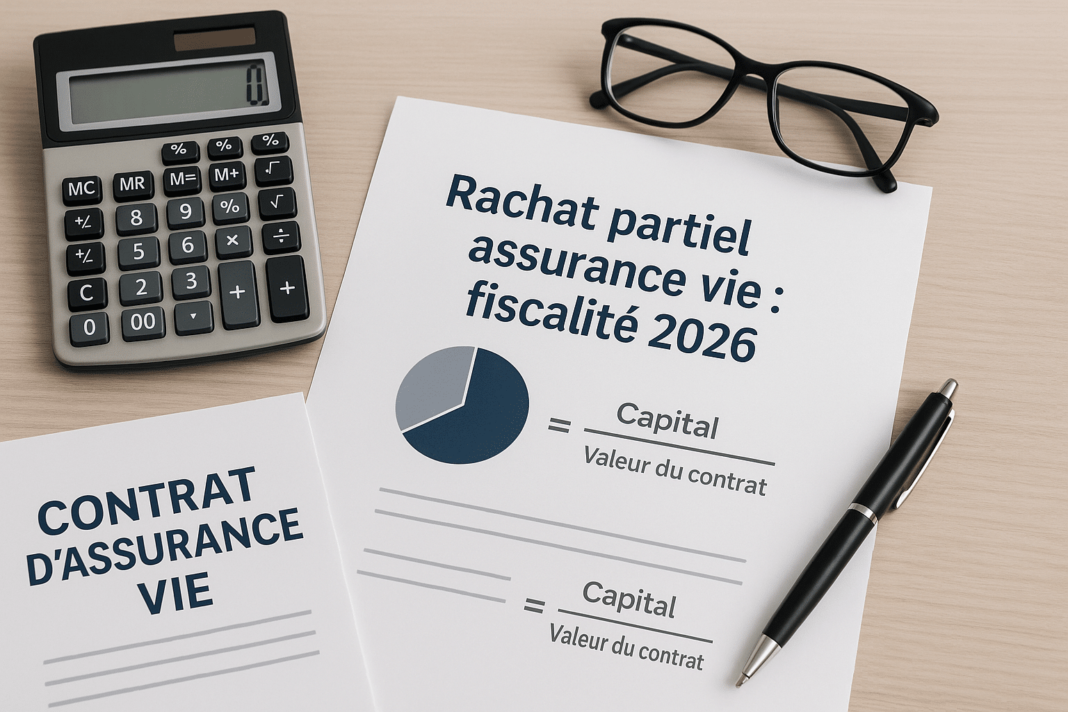 “Rachat partiel assurance vie : fiscalité 2026” posé sur un bureau avec calculatrice, lunettes et schéma de calcul, format paysage