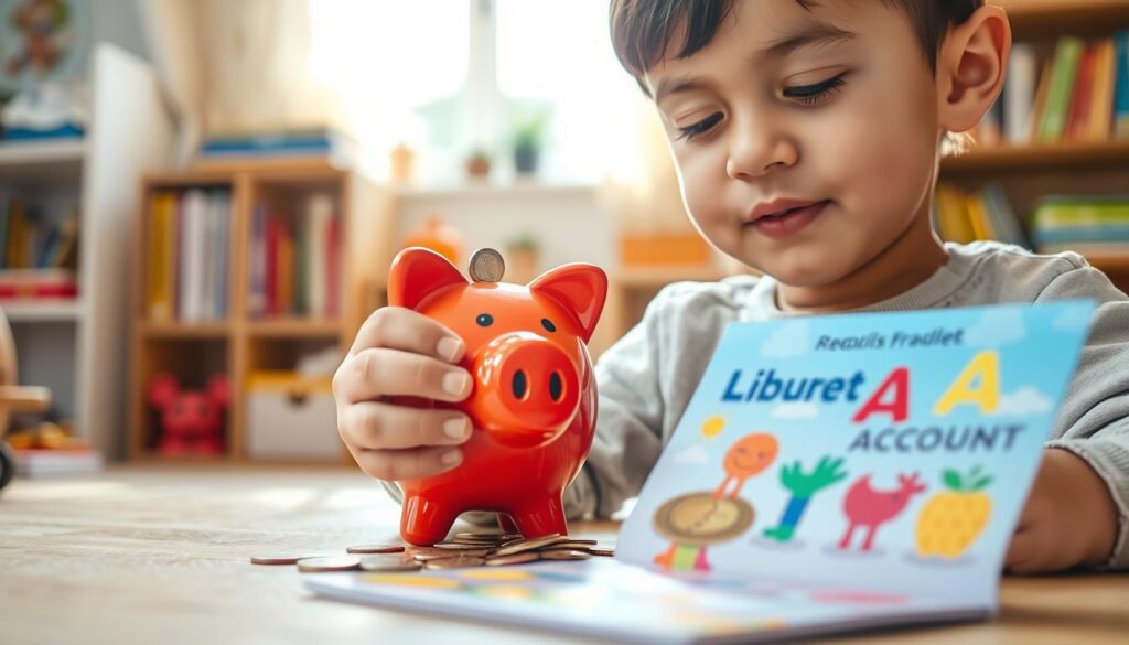 A close-up scene featuring a young child examining a bright, colorful piggy bank filled with coins, symbolizing savings and financial growth. The foreground shows the child's hands holding a coin, with a look of curiosity on their face, dressed in casual, modest clothing. In the middle ground, a Livret A account booklet is partially visible with colorful illustrations related to savings. The background reveals a warm, sunlit room filled with books and educational toys, creating an inviting atmosphere. Soft, natural lighting enhances the image, highlighting the child's expression and the textures of the surroundings. The overall mood is optimistic and engaging, reflecting the promising future of financial literacy for minors.