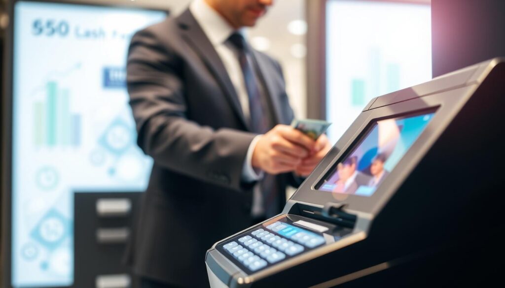 A close-up shot of a modern bank cash deposit machine, placed in a well-lit, contemporary banking environment. The foreground features a sleek, user-friendly interface with a digital display showing deposit limits and guidelines, highlighting the concept of cash deposit ceilings. In the middle ground, a professional individual in business attire is interacting with the machine, depositing cash into it. The background includes blurred financial graphics or icons representing banking services, ensuring a clear focus on the machine and the individual. The lighting is bright and inviting, creating a reassuring atmosphere about banking processes, with a shallow depth of field to enhance subject clarity and engagement.