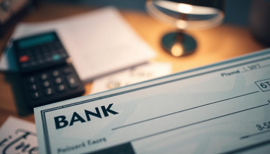 A close-up view of a bank check, showcasing its intricate security features. In the foreground, focus on the watermark, microprinting, and holographic strip, capturing the glimmer and texture under soft lighting. The middle ground includes the bank's logo, prominently displayed, emphasizing trust and reliability. In the background, blurred images of a professional office setting with financial documents and a calculator, conveying a sense of security and seriousness. Use a shallow depth of field to ensure the check remains the main focus, with a warm, inviting atmosphere. The lighting should be soft and diffused, highlighting the details without harsh shadows, and the overall color palette should be composed of muted blues and greens to evoke calmness and professionalism.
