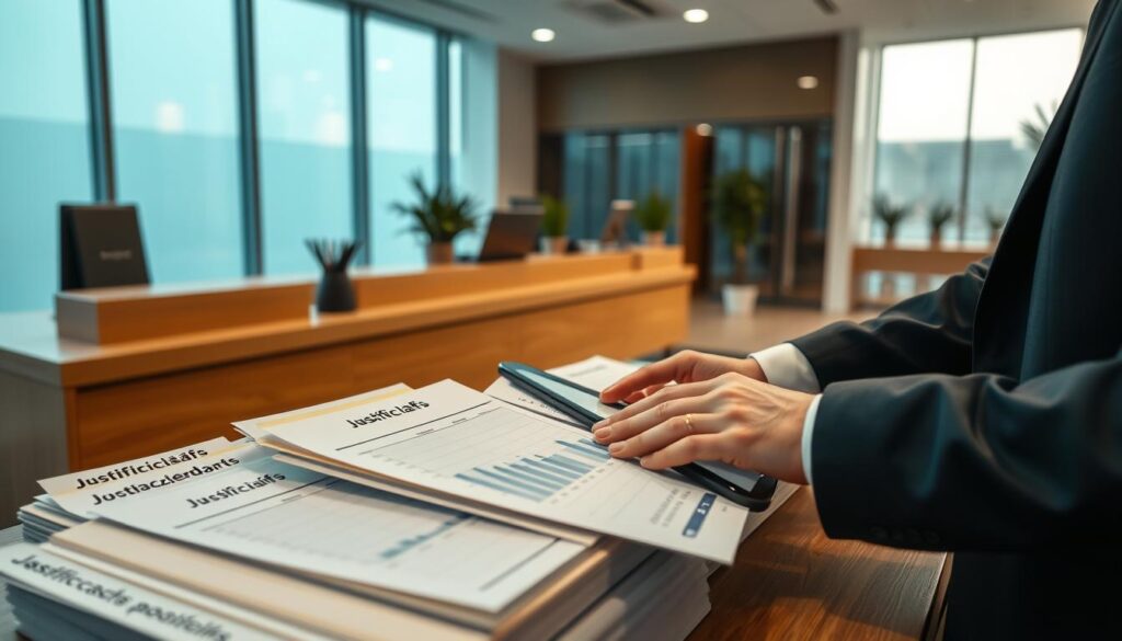 A close-up view of a modern bank office with neatly organized "justificatifs" files, showcasing various transaction documents in folders and a digital tablet displaying graphs of cash payments. In the foreground, a professional-looking banker in business attire is reviewing these documents, highlighting the meticulous nature of cash payment monitoring. The middle ground features a contemporary wooden desk with a few bank logos and potted plants to convey a corporate environment. The background includes large windows allowing soft natural light to illuminate the space, creating a serious yet approachable atmosphere. The overall color tones are muted, emphasizing professionalism and trust in financial transactions. The angle is slightly angled from above, capturing both the banker and the organized workspace efficiently.