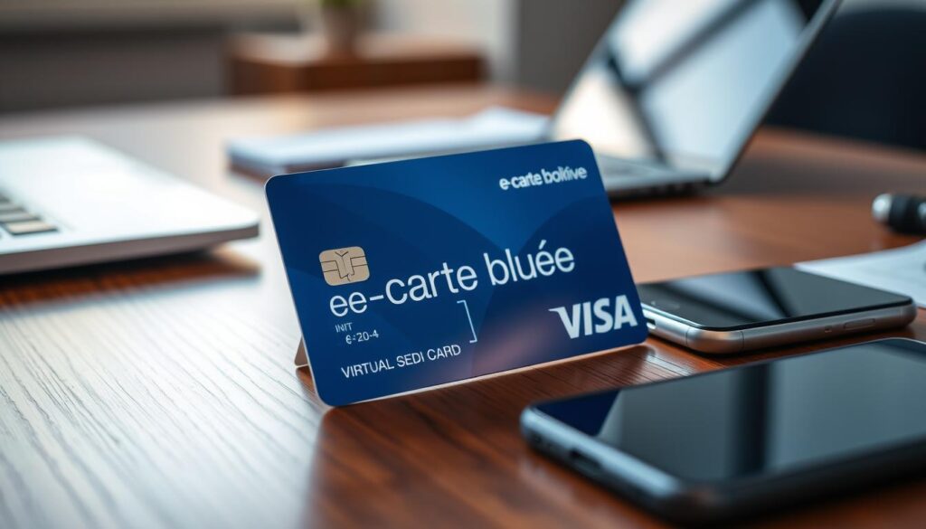 A close-up view of a sleek and modern virtual credit card, prominently featuring the blue "e-carte bleue" design. The card sits on a wooden desk, surrounded by a laptop, smartphone, and a notepad, giving a professional workspace vibe. In the background, blurred office elements create a sense of depth, highlighting a sophisticated financial environment. Soft, diffused lighting adds warmth and focus, emphasizing the card's details with a slight reflection on its surface. The atmosphere conveys security and innovation, making the concept of online payment safety feel accessible and trustworthy. The composition balances technology and professionalism, inviting the viewer to explore the idea of utilizing virtual cards for secure online transactions.