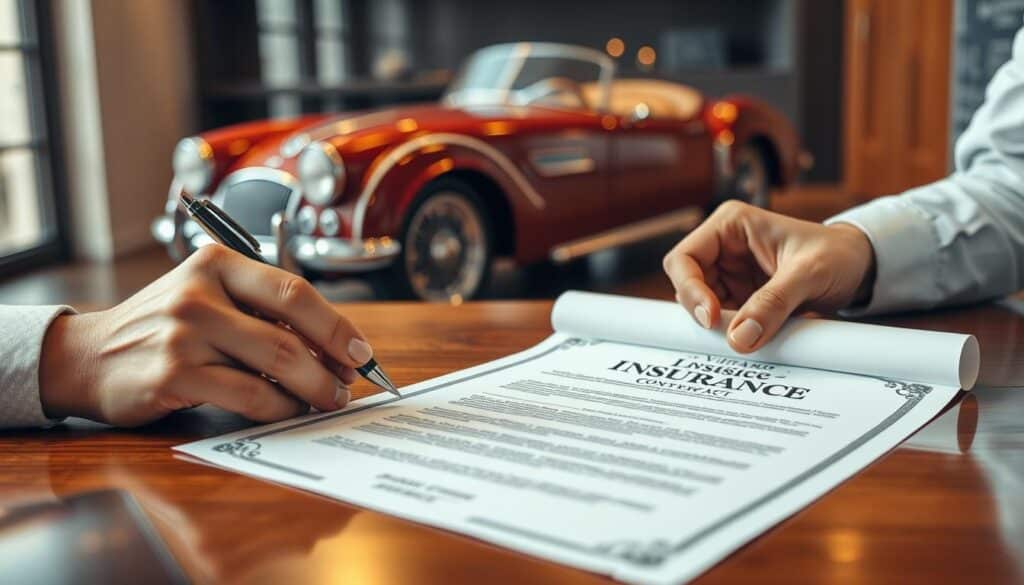 A close-up view of a vintage car insurance contract displayed on a polished wooden desk. The contract is elegantly rolled out, featuring ornate details and a header that symbolizes classic car insurance. In the foreground, there are a pair of professional hands made of a relaxed yet assertive businessperson, holding a pen poised over the contract, ready to negotiate. In the middle ground, a vintage luxury car is partially visible, showcasing its gleaming curves and rich color, symbolizing the collection aspect. The background features soft-focus elements of a sleek office, with warm lighting casting gentle shadows, creating a cozy, focused atmosphere on the contract negotiation process. The photo is taken from a slightly elevated angle, giving a comprehensive view of the scene.