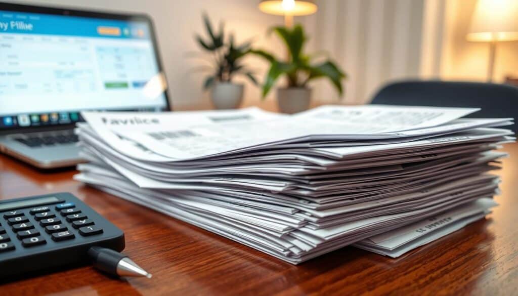 A close-up view of several payment receipts and invoices stacked neatly on a polished wooden desk, showcasing different types of payment documents such as bank transfers, cash receipts, and credit card statements. The foreground features a stylish pen and a calculator alongside the documents. In the middle, a laptop is partially visible, displaying a digital payment portal. The background includes a potted plant and a softly illuminated lamp creating a warm and professional atmosphere. The overall mood is organized and efficient, reflecting the importance of maintaining accurate financial records for significant cash payments. The lighting is bright yet soft, ensuring clarity in the details of the documents. The perspective is slightly angled to emphasize the depth of the arrangement.