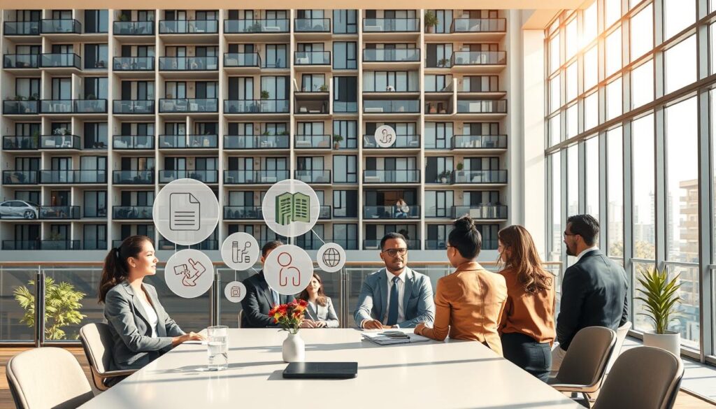 A conceptual illustration of the risks covered by PNO insurance, focused on a sophisticated urban living environment. In the foreground, depict a diverse group of people in professional business attire discussing property management over a sleek conference table. In the middle ground, include visual representations of various risks such as water damage, fire incidents, and theft, symbolized by icons or subtle imagery like broken pipes, flames, and an open window. In the background, show a modern apartment building, highlighting both occupied and vacant units. The scene should be well-lit with natural light streaming in, creating a warm and reassuring atmosphere. Use a wide-angle perspective to capture the comprehensive nature of risk management in property ownership.
