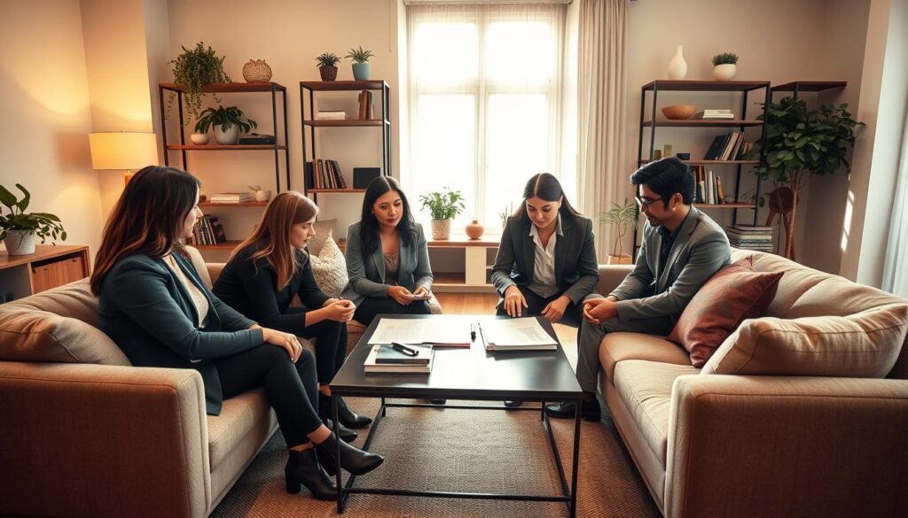 A contemporary living room setting designed for shared accommodation, featuring two stylish sofas facing each other, with a coffee table in the center. In the foreground, a group of three individuals in professional business attire—two women and one man—are engaged in a discussion, reviewing documents related to rental agreements on a table. The lighting is warm and inviting, with soft natural light streaming in through a large window, casting gentle shadows. In the background, shelves are filled with plants and books, creating a cozy atmosphere. The overall mood conveys collaboration and assurance, emphasizing the theme of adapting insurance policies with a change of housemates. The camera angle is slightly elevated, giving a clear view of the discussion.