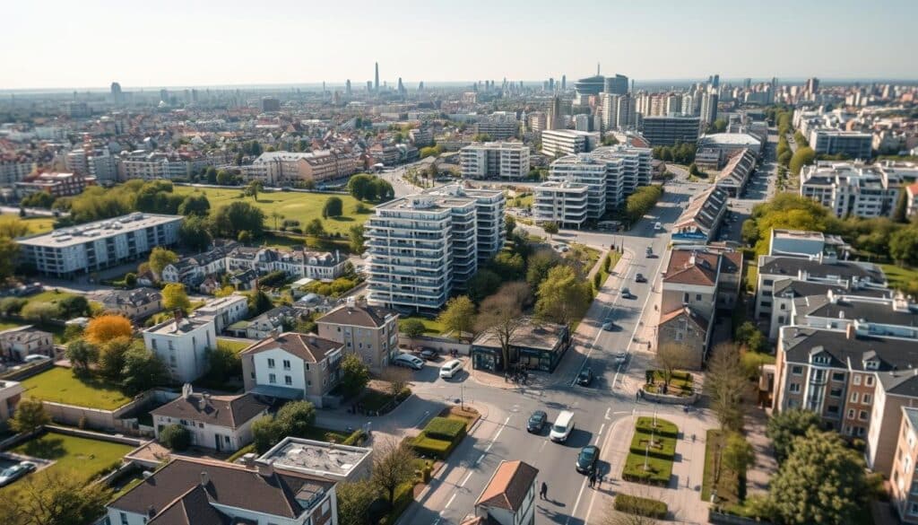 A detailed and informative aerial view of urban zones designated for the "Prêt à taux zéro 2026" initiative in France. The foreground features vibrant residential neighborhoods with modern buildings, parks, and green spaces reflecting eligibility for the program. In the middle ground, bustling city streets showcase citizens engaging in daily activities, dressed in professional business attire, embodying a sense of community and growth. The background displays a panoramic skyline of various French cities, with subtle markers indicating suitable zones for affordable housing. Bright, natural lighting creates a hopeful atmosphere, while a soft focus and a slight tilt-shift effect add depth and interest to the visual. Aim for a professional and informative look, capturing the essence of urban development and financial opportunities.