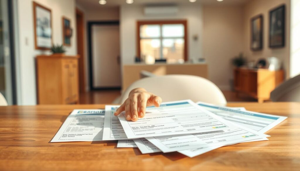 A detailed composition depicting various identity documents required for opening a children's savings account. In the foreground, neatly arranged on a wooden table are essential documents: a birth certificate, a health insurance card, and a proof of address, each with clear, legible information. The middle layer features a child’s hand reaching out to touch the documents, symbolizing the connection between family finances and childhood. The background shows a softly blurred bank office interior, complete with light-colored walls and elegant furnishings, providing a professional yet welcoming atmosphere. The lighting is warm and natural, suggesting a bright day, enhancing the mood of trust and security. Capture this scene from a slightly elevated angle to provide depth, ensuring no text, logos, or distractions are present in the image.
