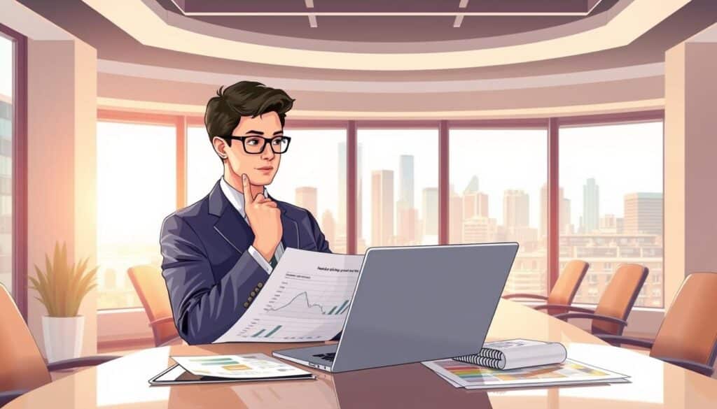A detailed illustration depicting the concept of "régime réel LMNP" in a professional setting. In the foreground, a thoughtful business professional in smart attire is reviewing financial documents and a laptop, displaying graphs and charts related to real estate investment. In the middle ground, a modern office environment is visible, with large windows that let in soft natural light, illuminating a stylish conference table with property listings and tax guides. The background features a city skyline, symbolizing real estate opportunities. The atmosphere is focused and analytical, embodying a sense of preparedness for financial decisions. The image should evoke a sense of clarity and professionalism, relevant to real estate rental investments. Use a wide-angle lens for depth and a bright color palette to convey optimism.