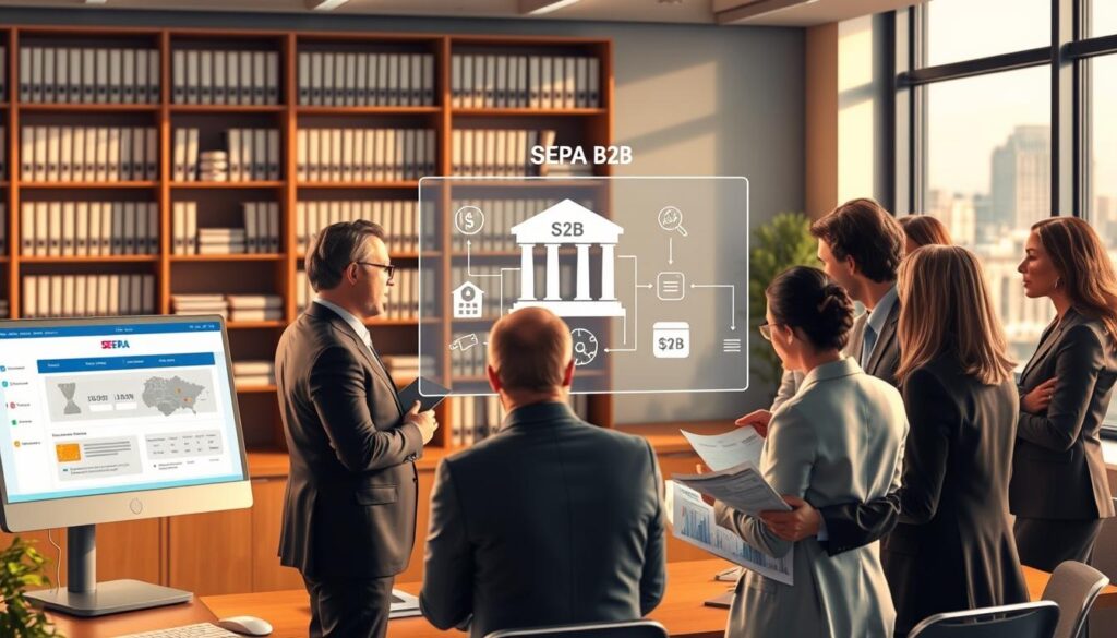 A detailed illustration of the SEPA B2B payment process, showcasing a professional office environment. In the foreground, a diverse group of business people in professional attire discuss financial documents and a laptop displaying a banking interface. The middle ground features a digital screen with graphical representations of payment flows and banking icons, symbolizing the SEPA B2B functionality. In the background, shelves filled with banking books and a large window revealing a city skyline under natural daylight. The overall atmosphere is focused and collaborative, with warm lighting highlighting the professionalism of the scene. The image captures the essence of SEPA B2B operations clearly, emphasizing teamwork and technology without any text or distractions.